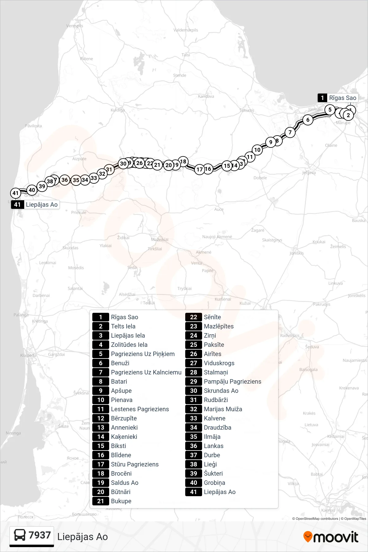 7937 bus Line (Liepājas Ao) route and stops on a map