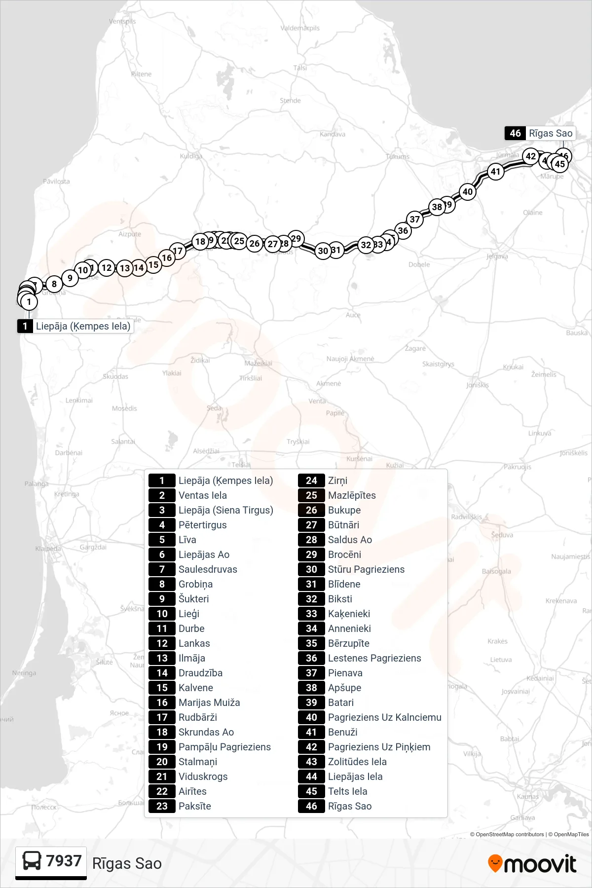 7937 bus Line (Rīgas Sao) route and stops on a map