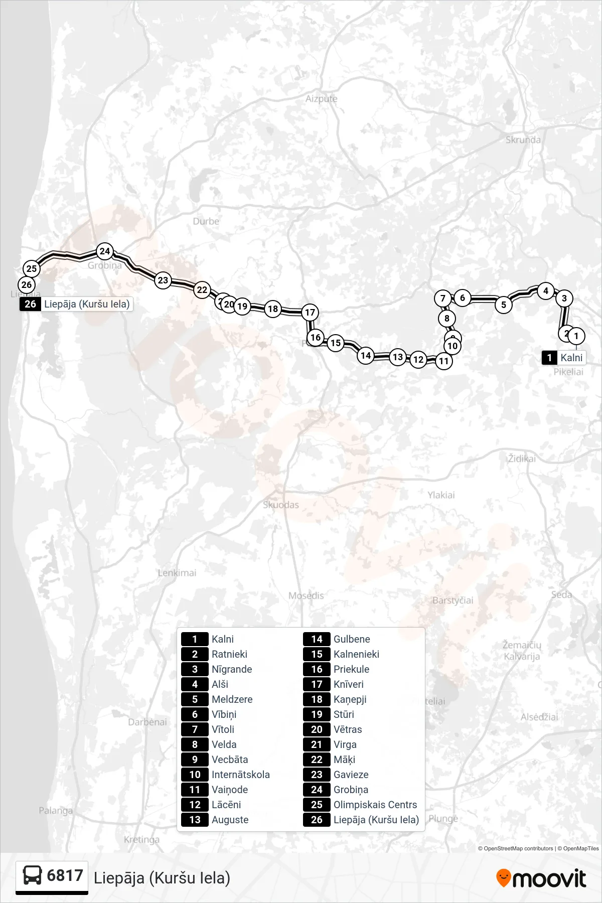 6817 bus Line (Liepāja (Kuršu Iela)) route and stops on a map