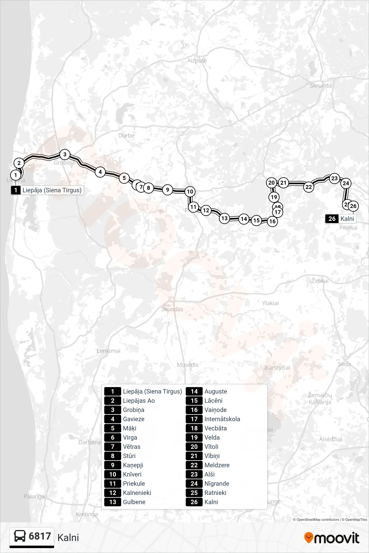 6817 bus Line (Kalni) route and stops on a map