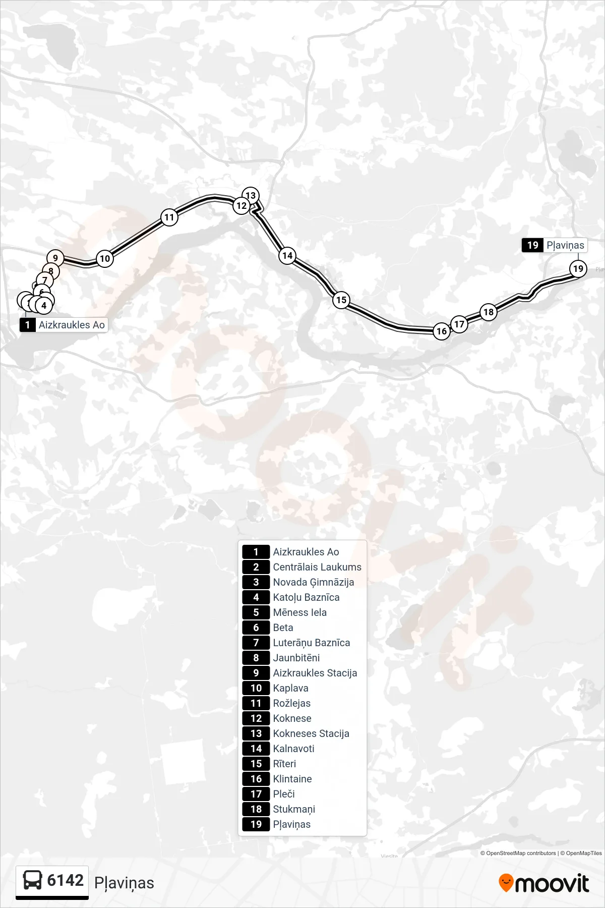 6142 bus Line (Pļaviņas) route and stops on a map