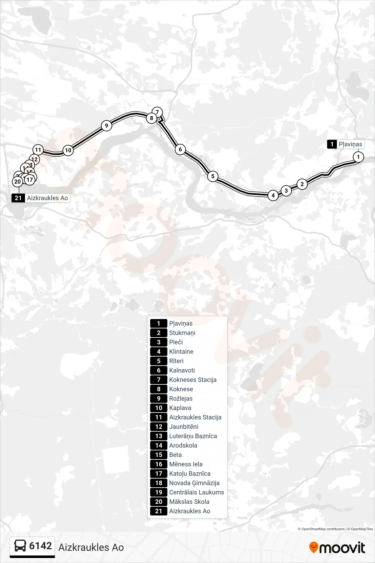 6142 bus Line (Aizkraukles Ao) route and stops on a map