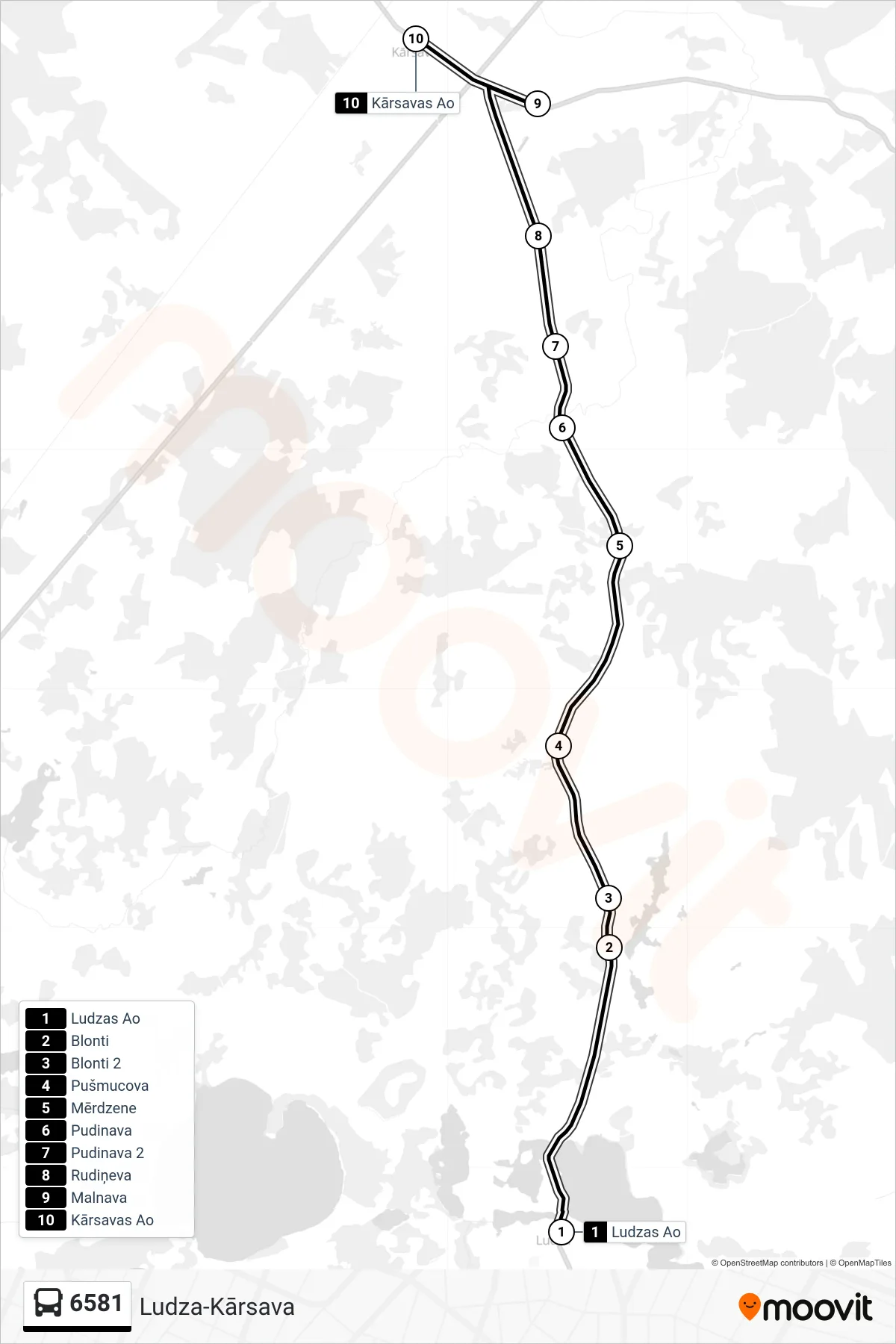 6581 bus Line (Kārsavas Ao) route and stops on a map