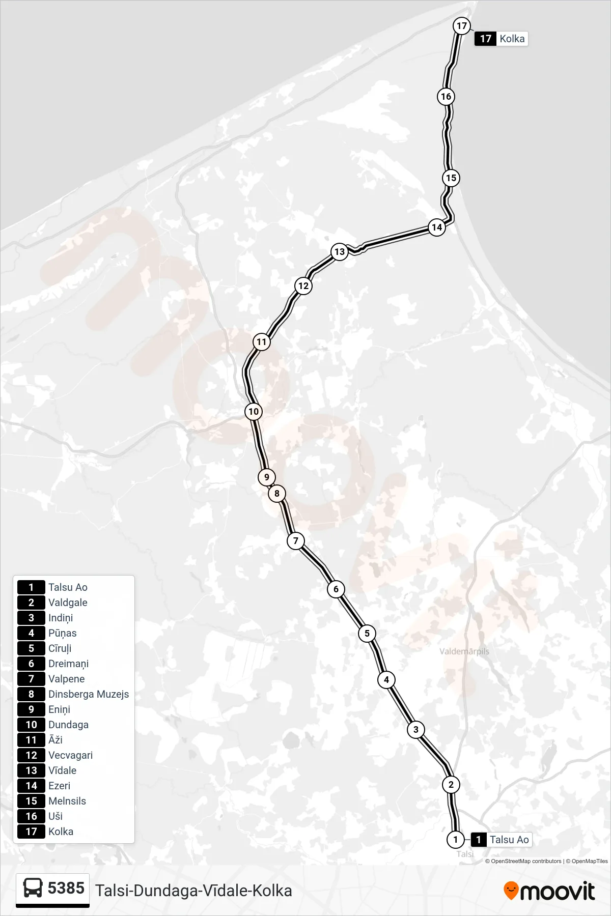 5385 bus Line (Kolka) route and stops on a map