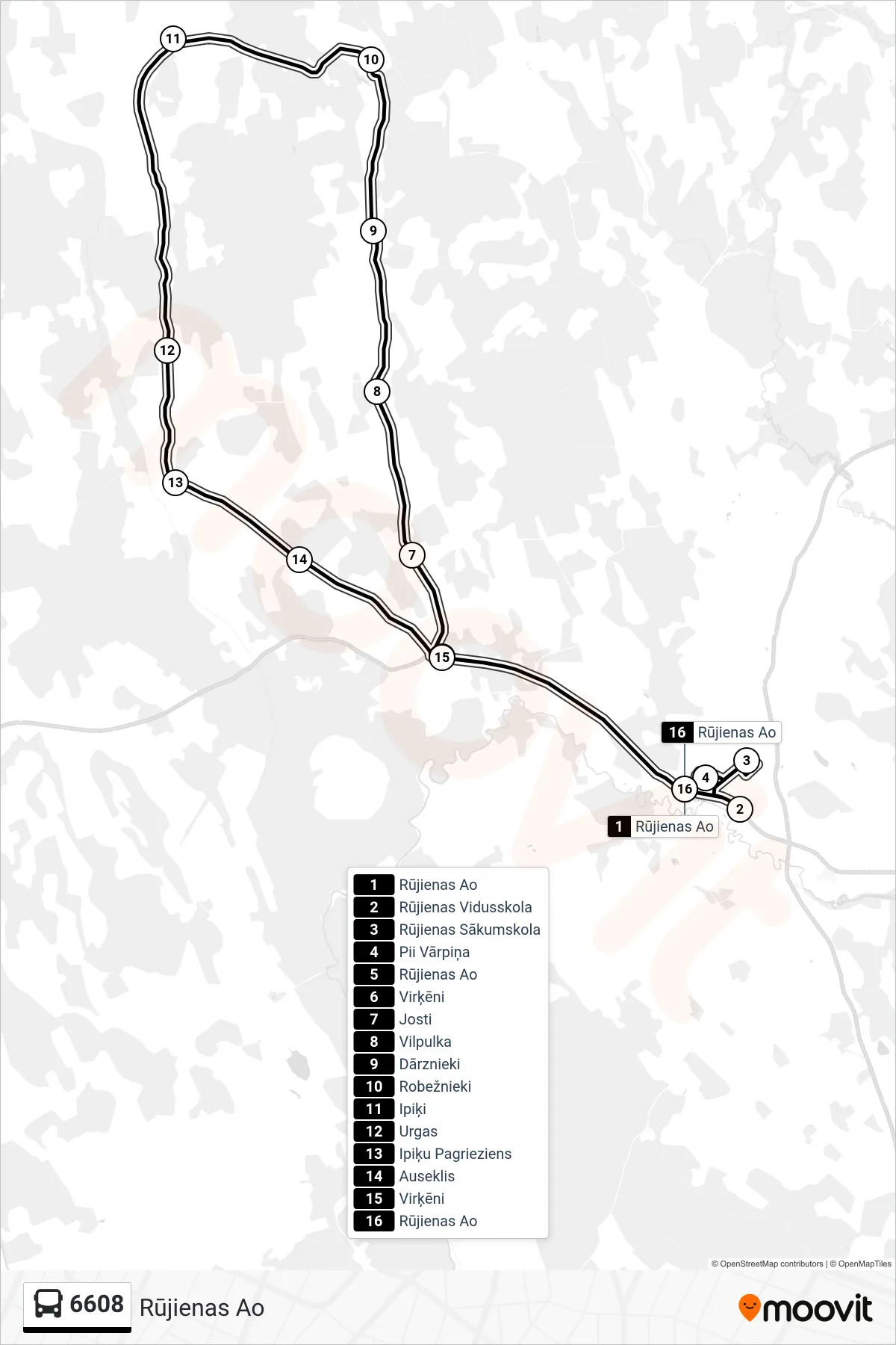 6608 bus Line (Rūjienas Ao) route and stops on a map