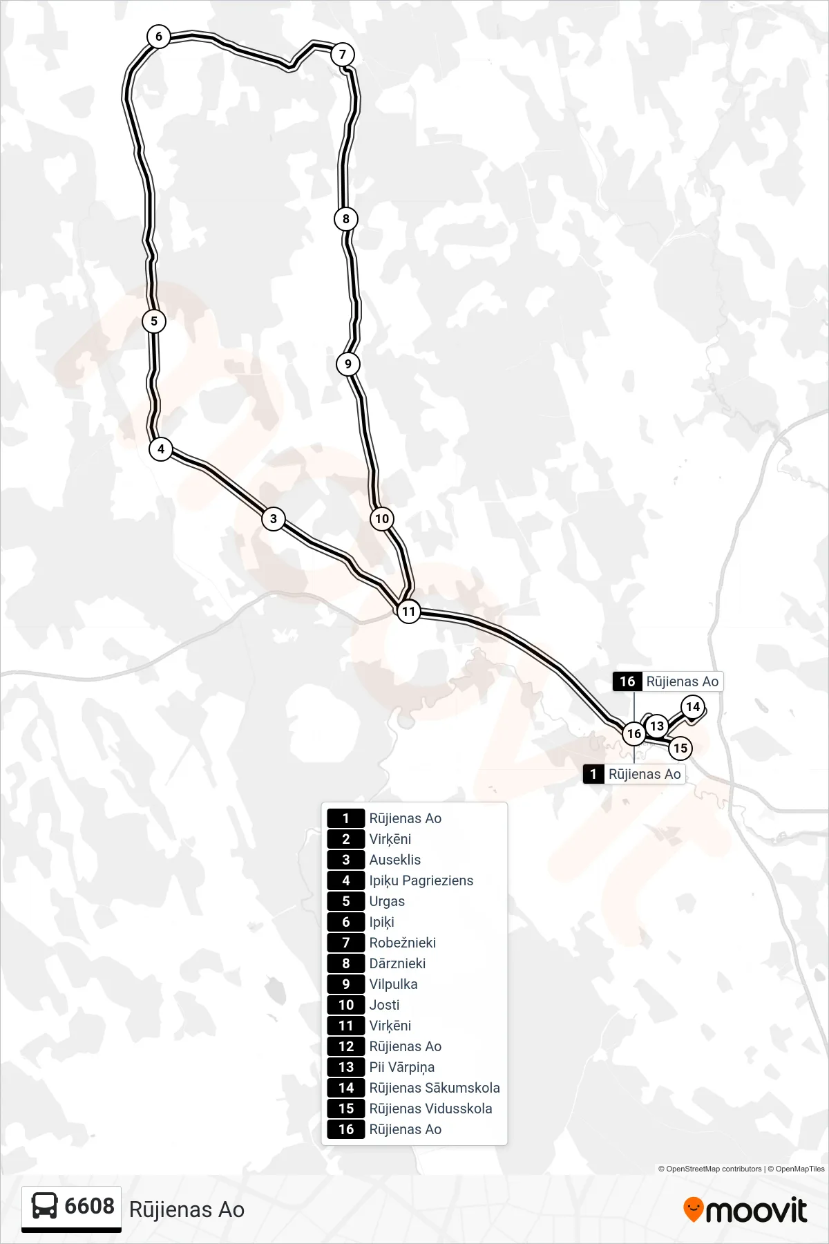 6608 bus Line (Rūjienas Ao) route and stops on a map