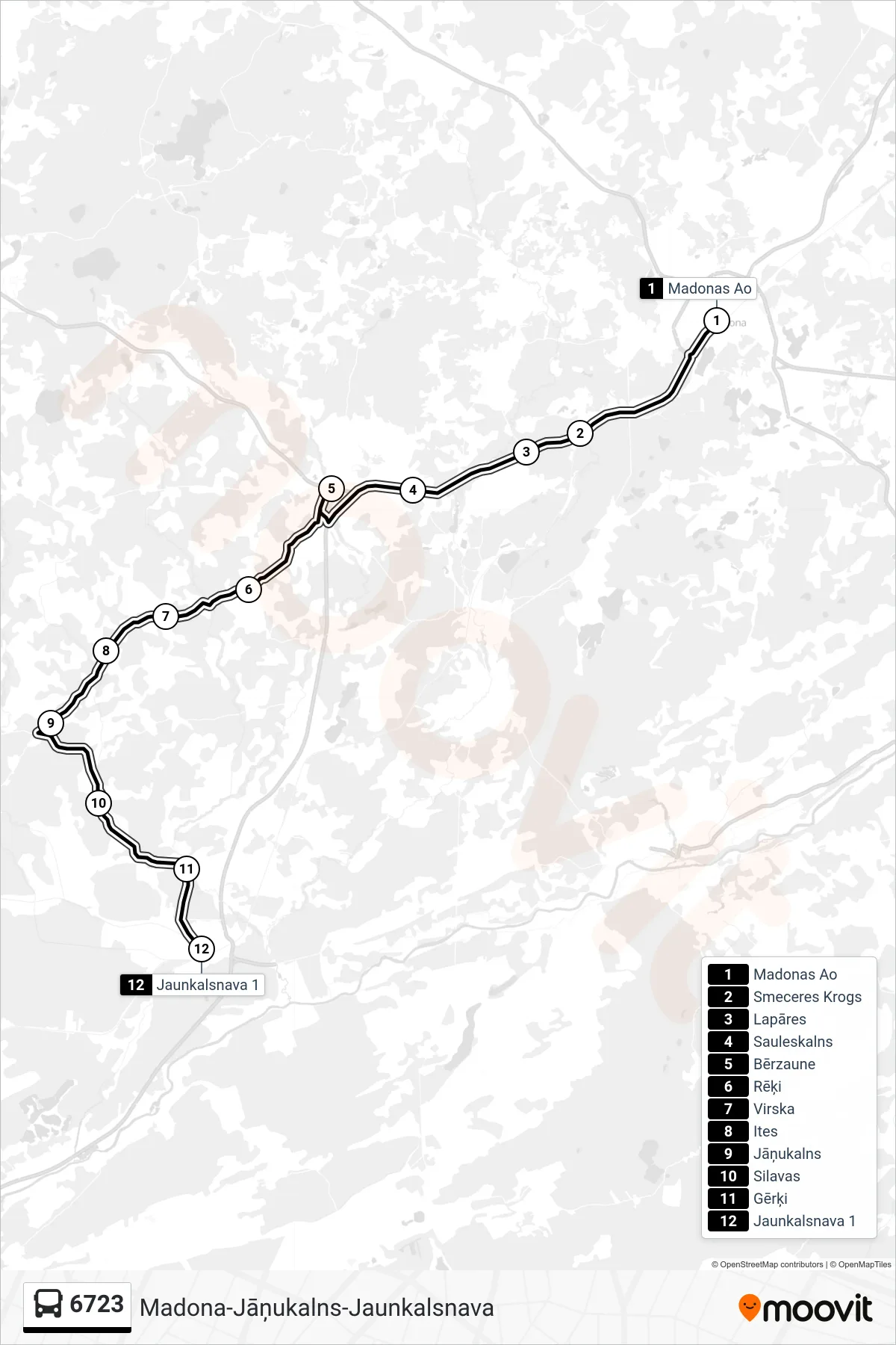 6723 bus Line (Jaunkalsnava 1) route and stops on a map