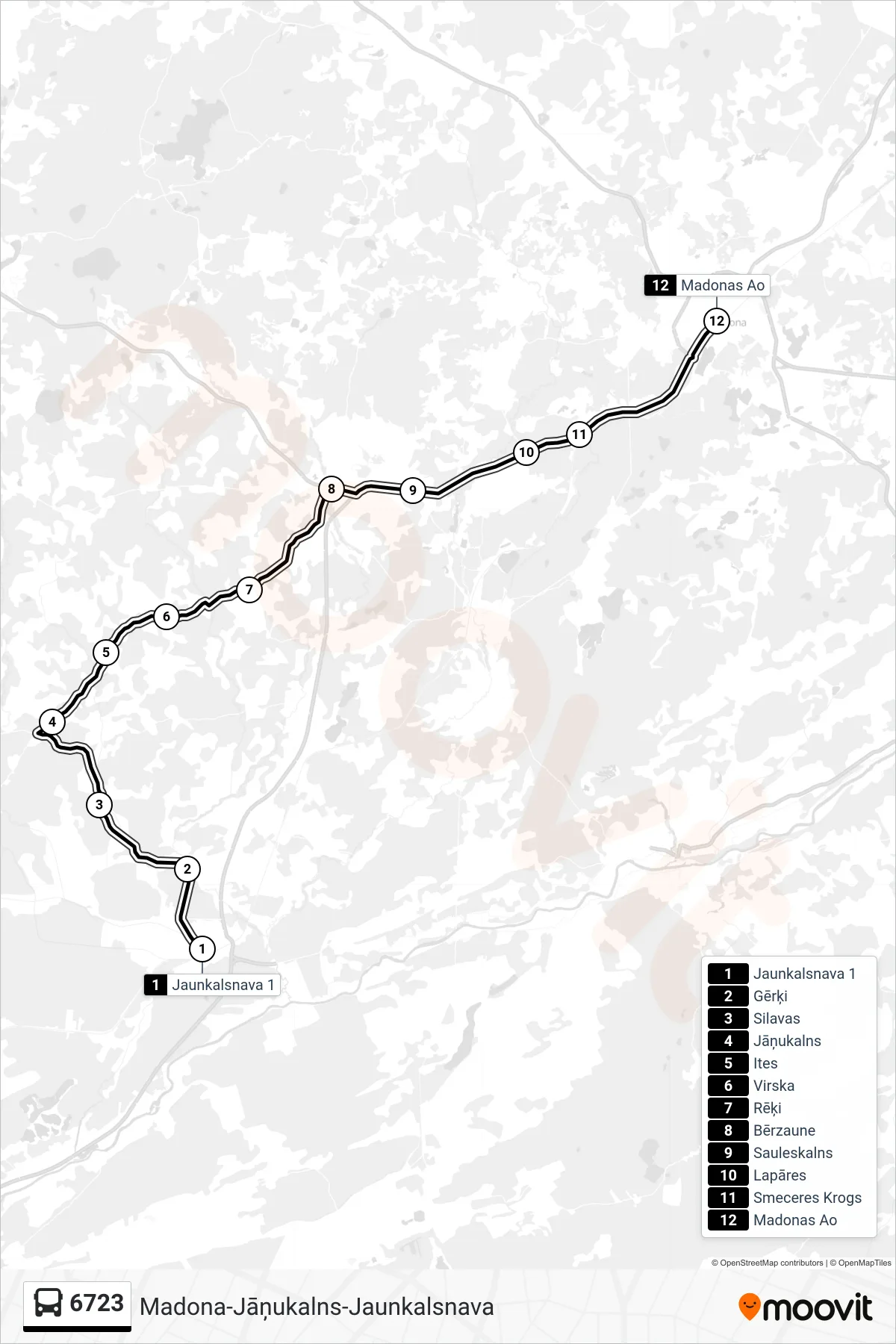 6723 bus Line (Madonas Ao) route and stops on a map