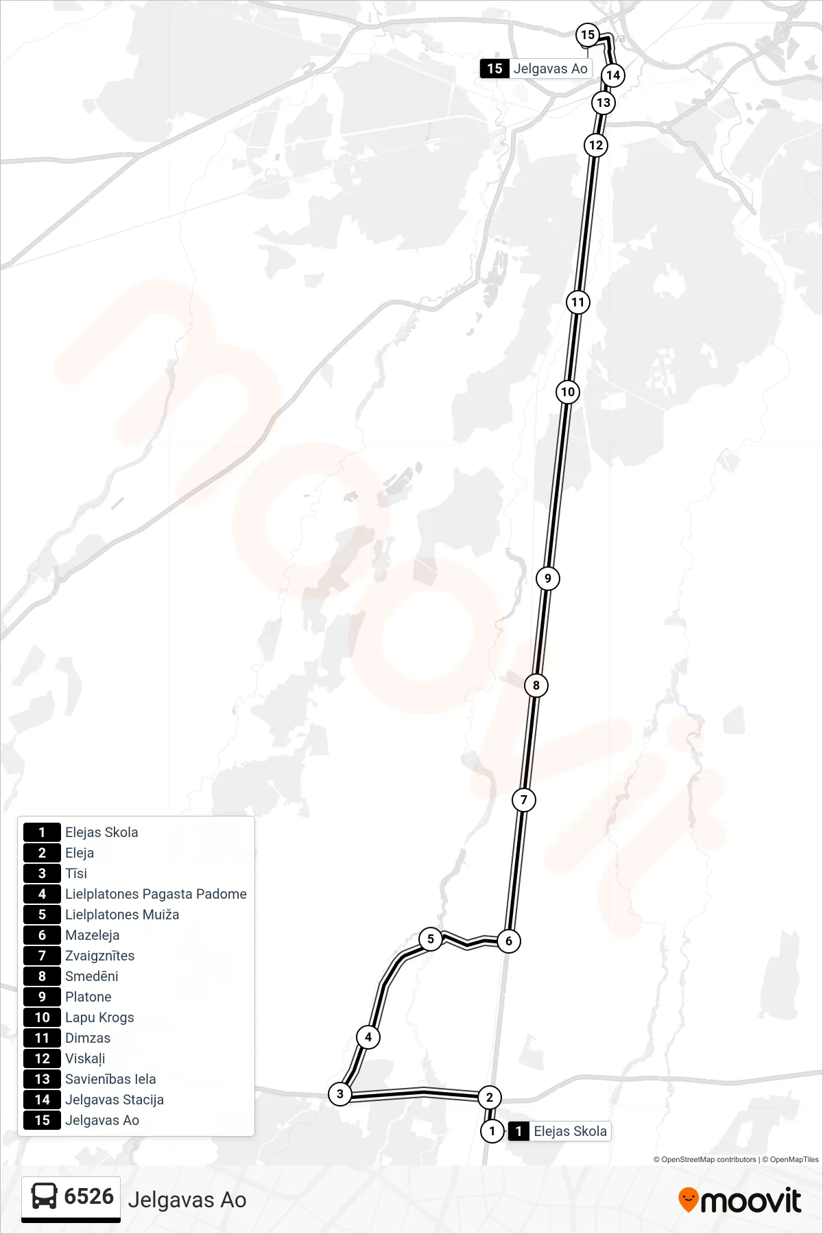 6526 bus Line (Jelgavas Ao) route and stops on a map