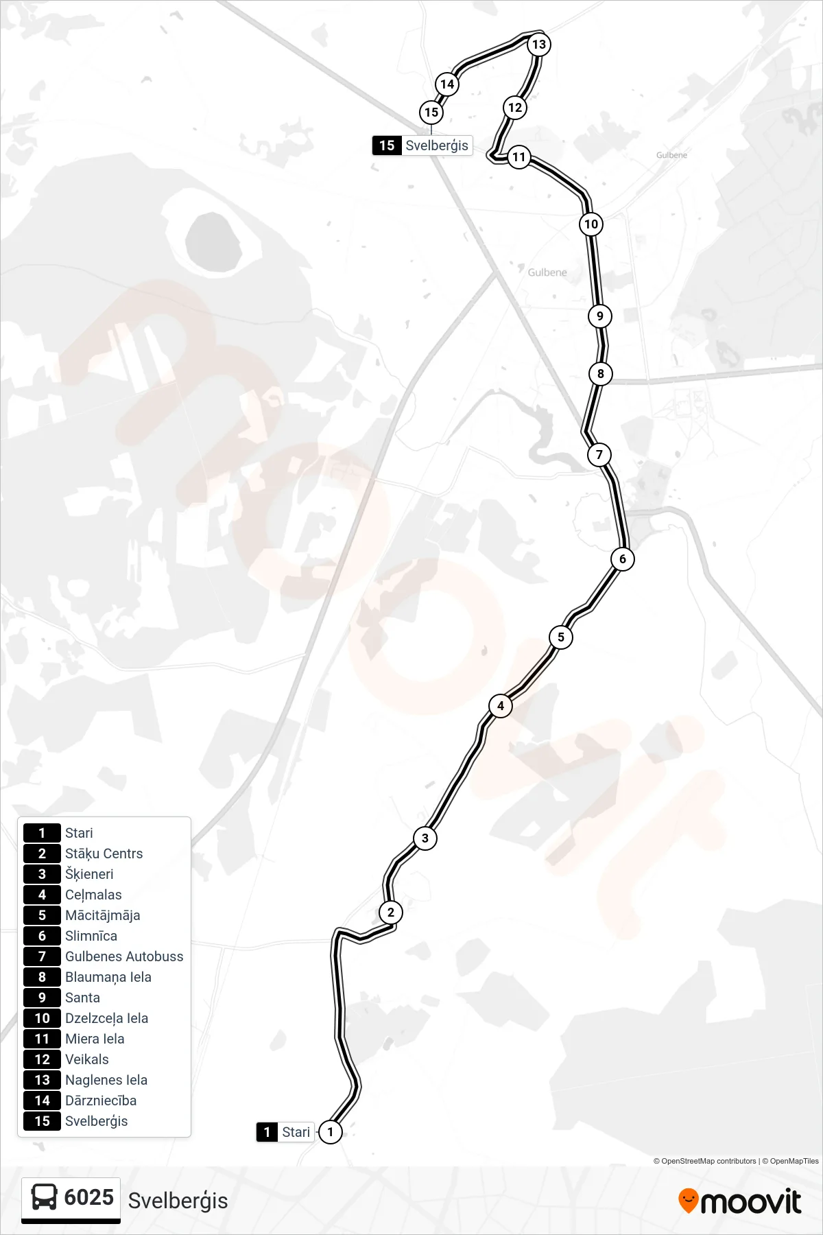 6025 bus Line (Svelberģis) route and stops on a map