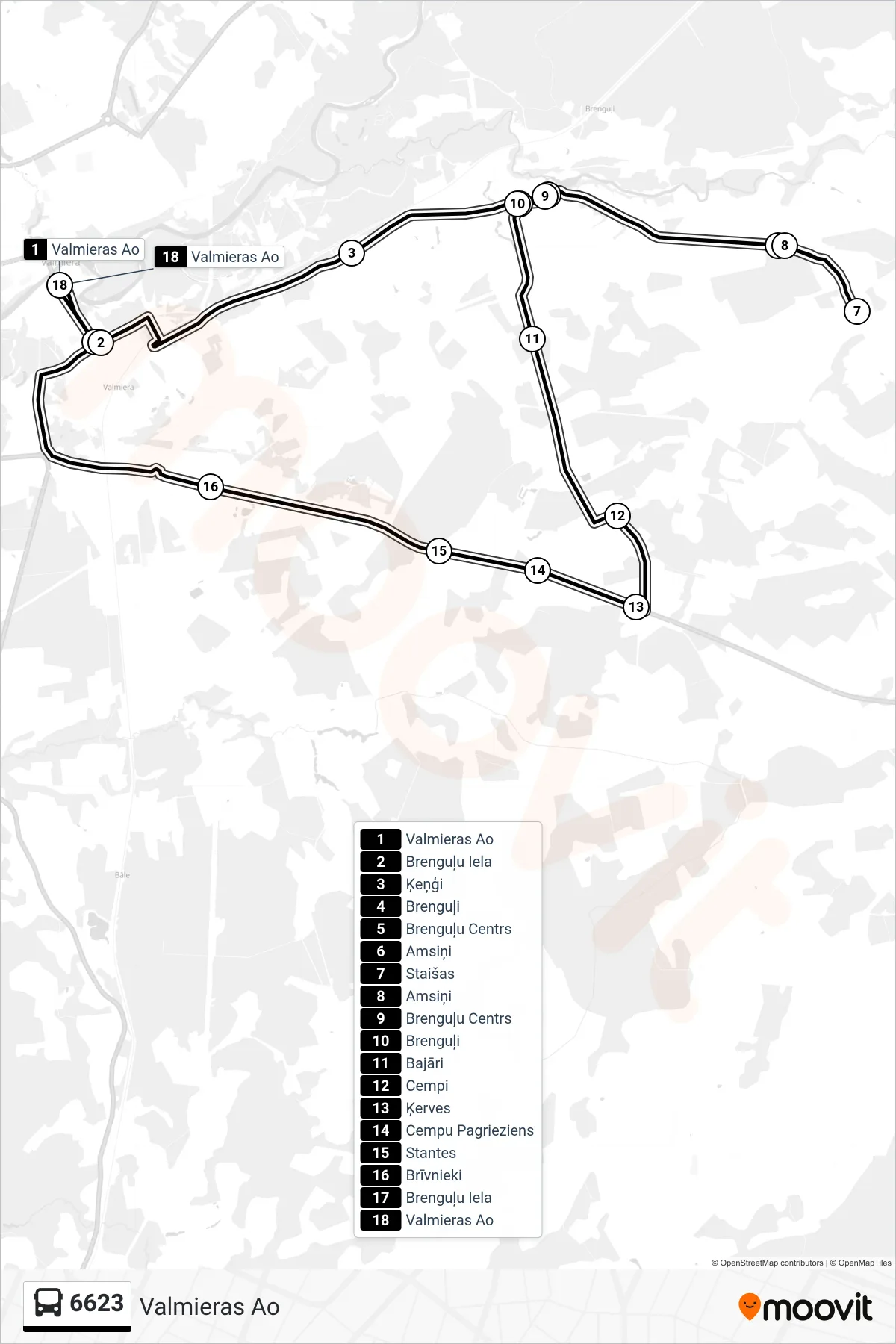 6623 bus Line (Valmieras Ao) route and stops on a map