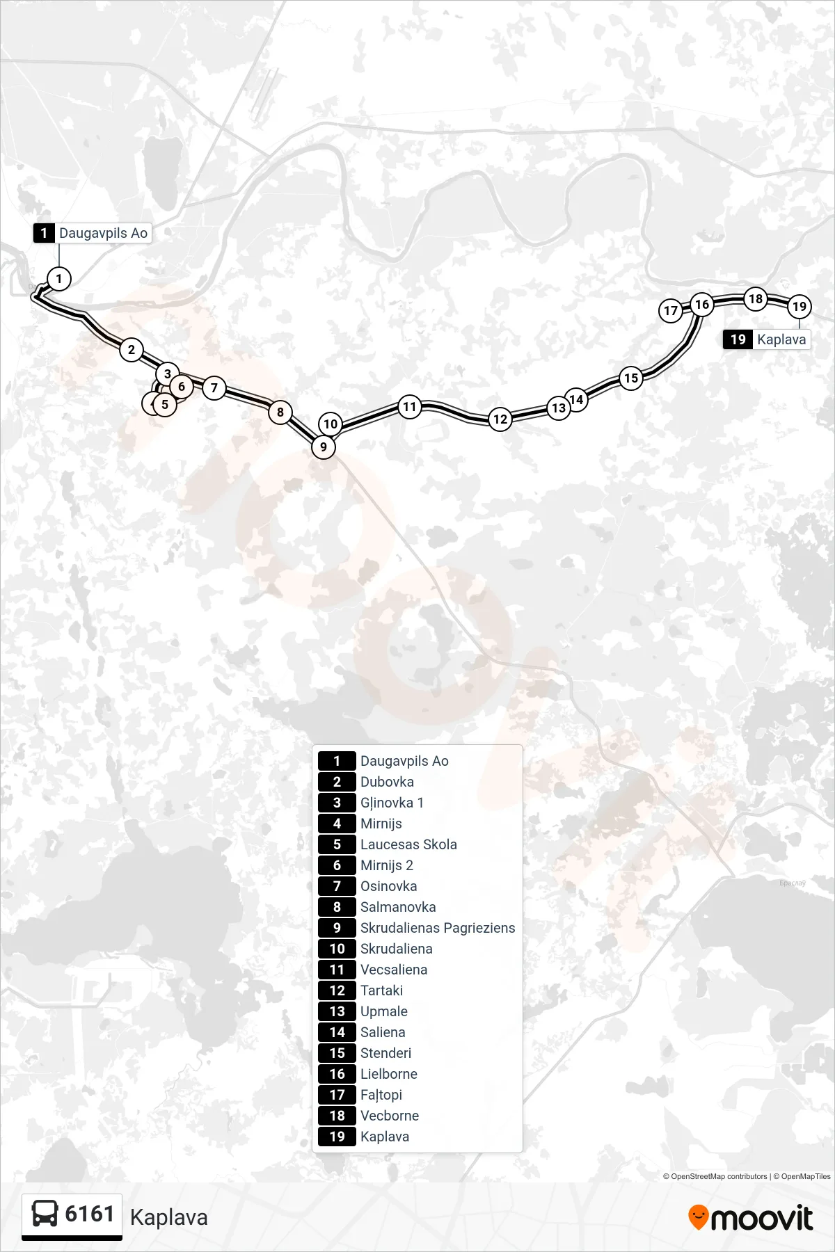 6161 bus Line (Kaplava) route and stops on a map