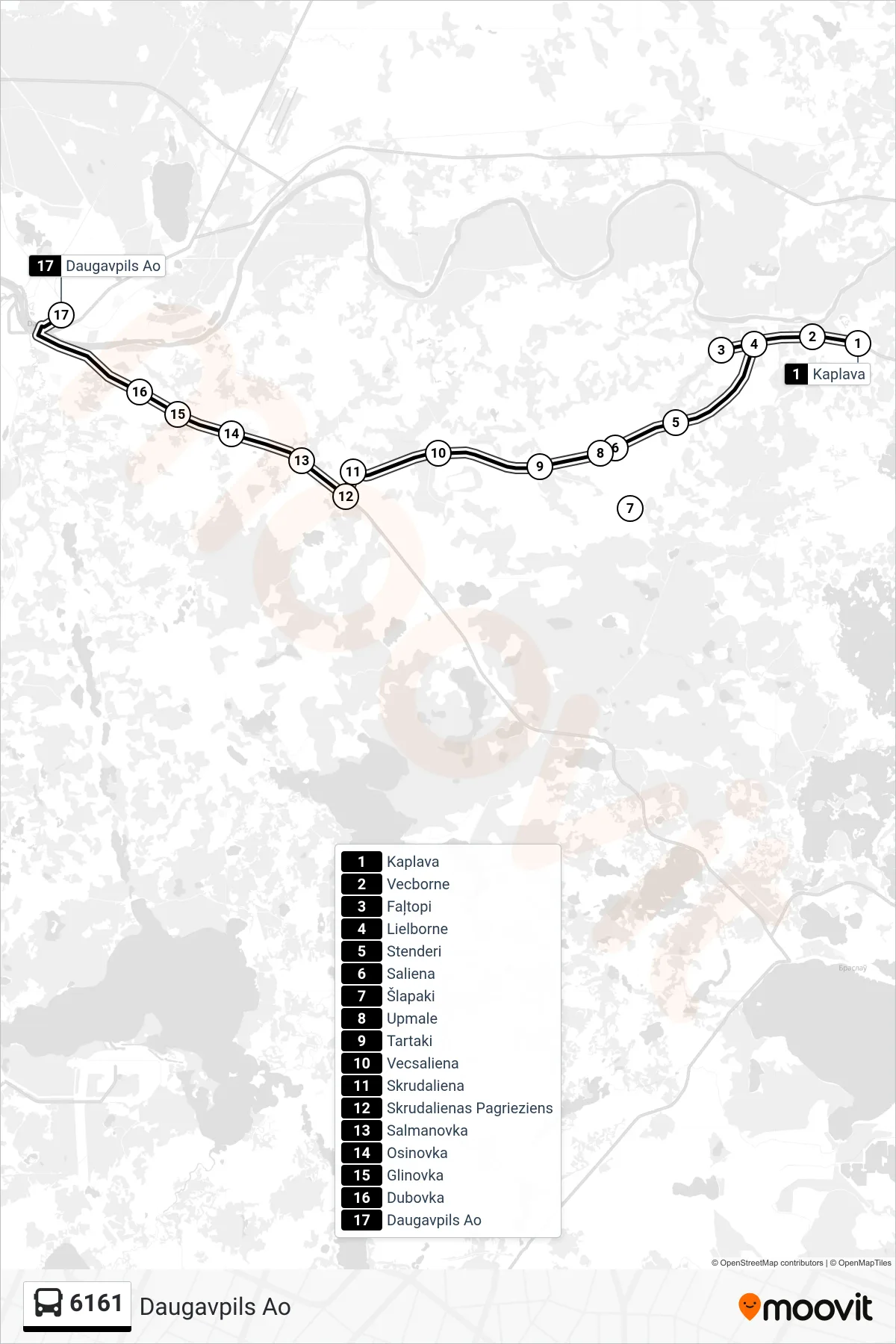 6161 bus Line (Daugavpils Ao) route and stops on a map