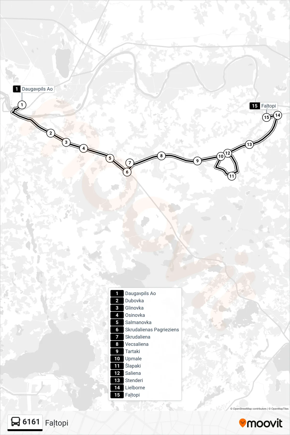 6161 bus Line (Faļtopi) route and stops on a map