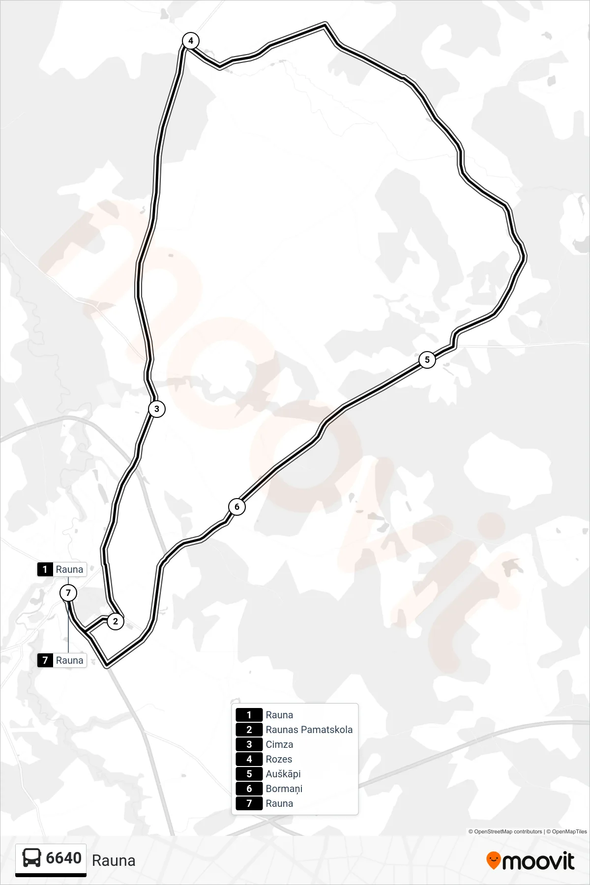 6640 bus Line (Rauna) route and stops on a map