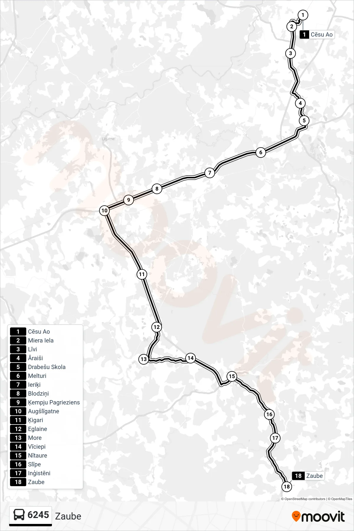 6245 bus Line (Zaube) route and stops on a map