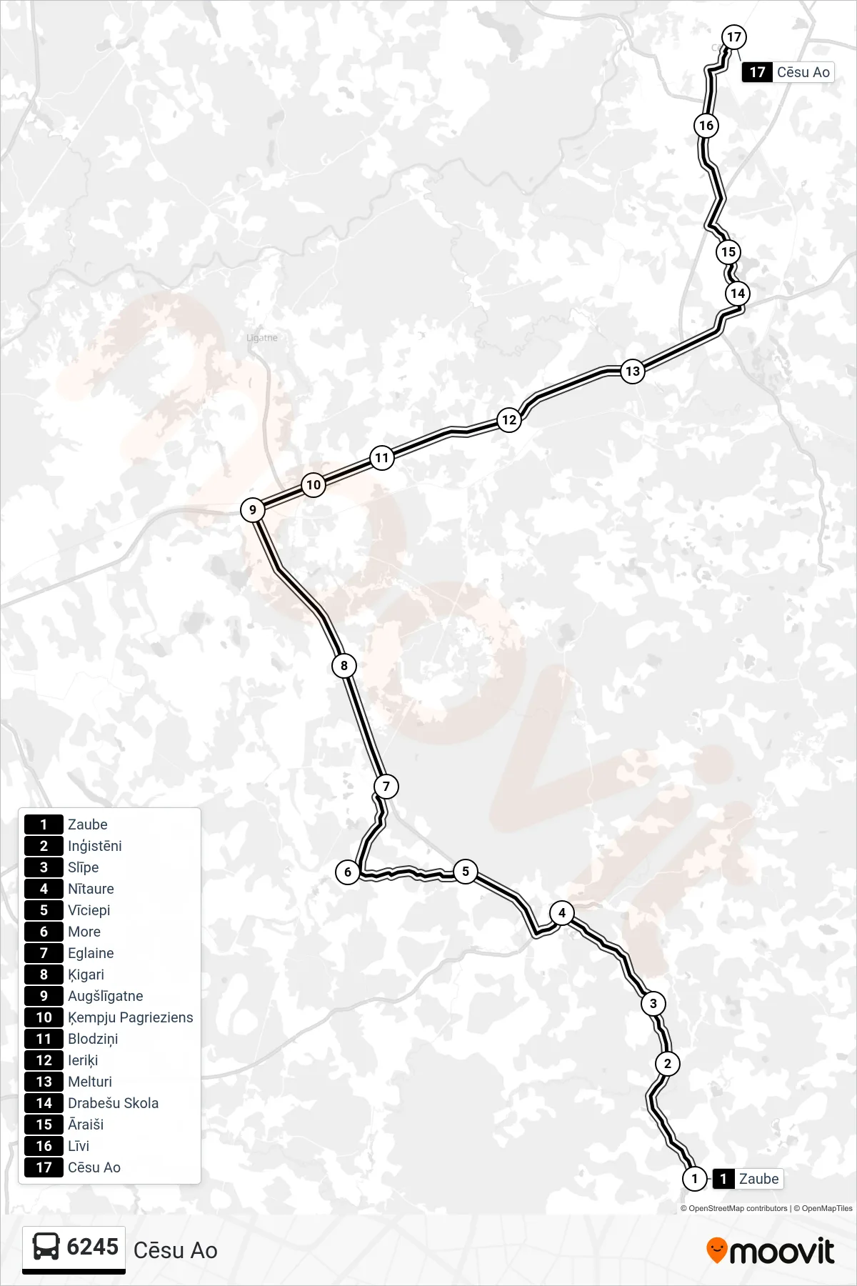 6245 bus Line (Cēsu Ao) route and stops on a map