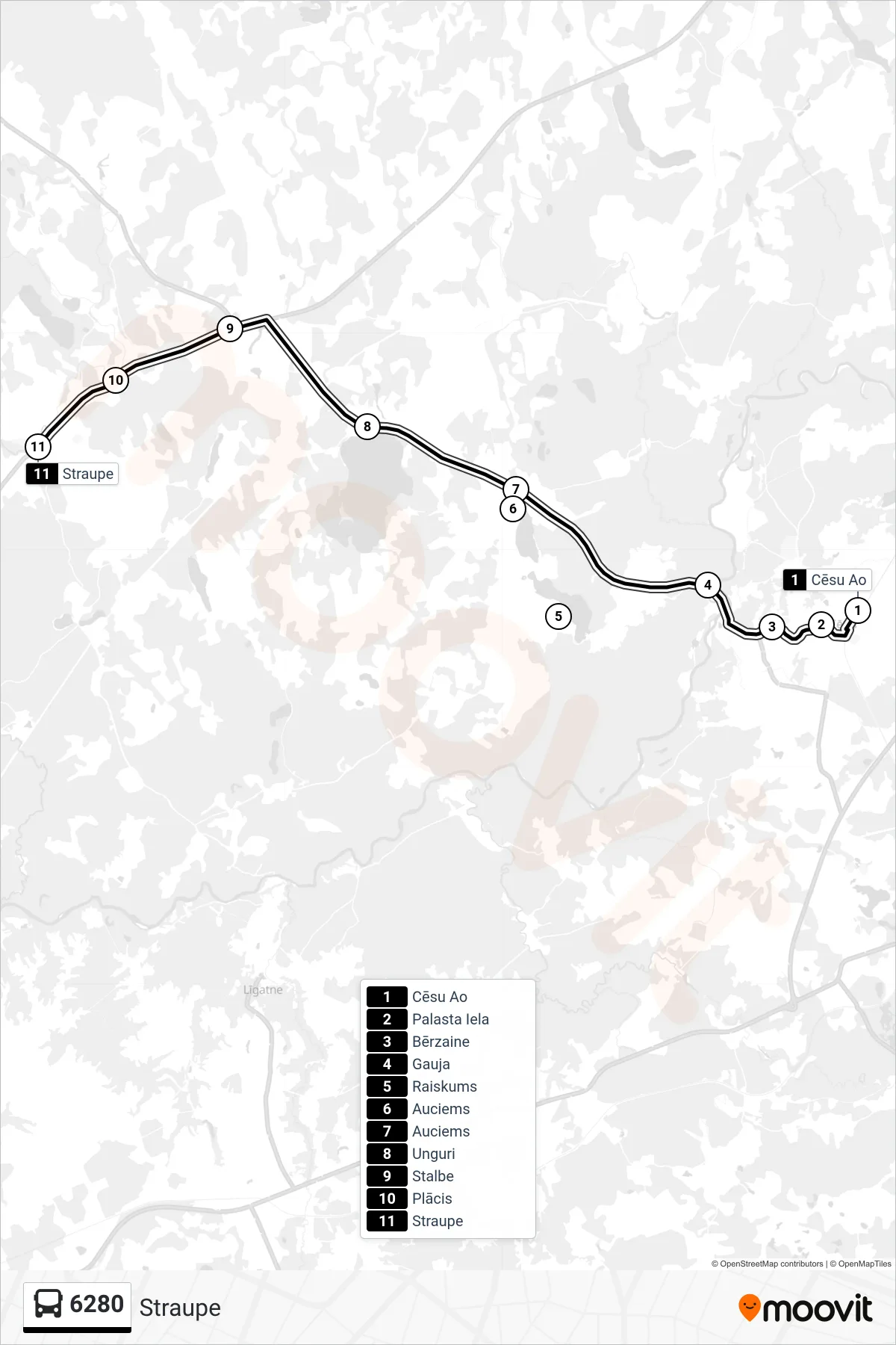 6280 bus Line (Straupe) route and stops on a map