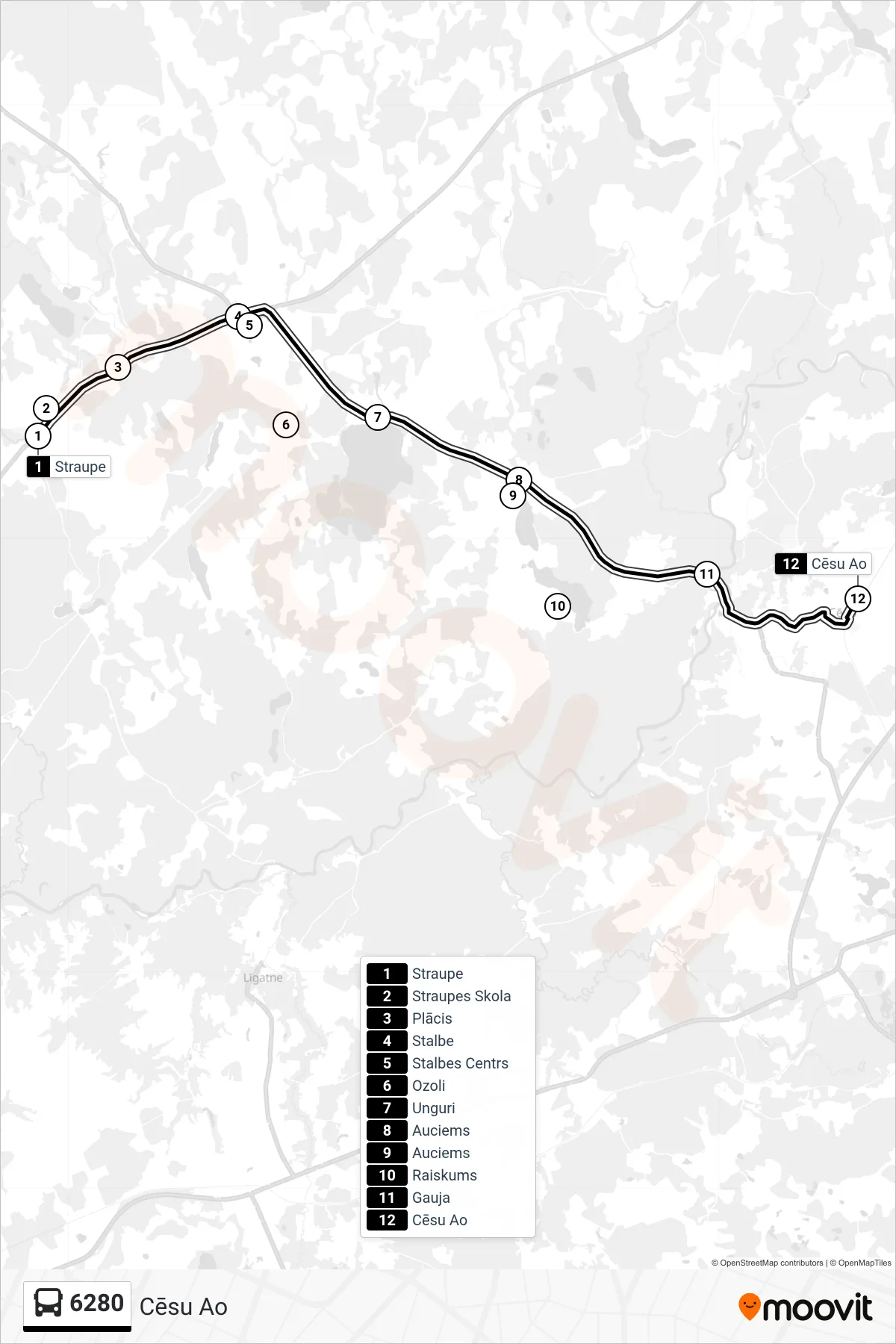 6280 bus Line (Cēsu Ao) route and stops on a map