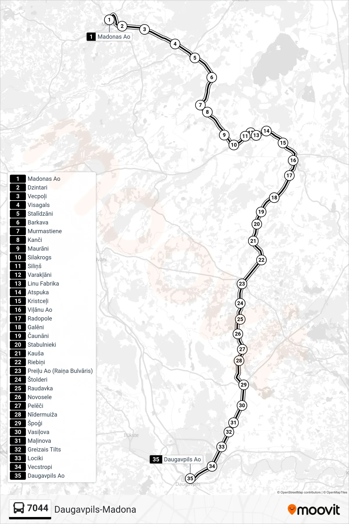 7044 bus Line (Daugavpils Ao) route and stops on a map