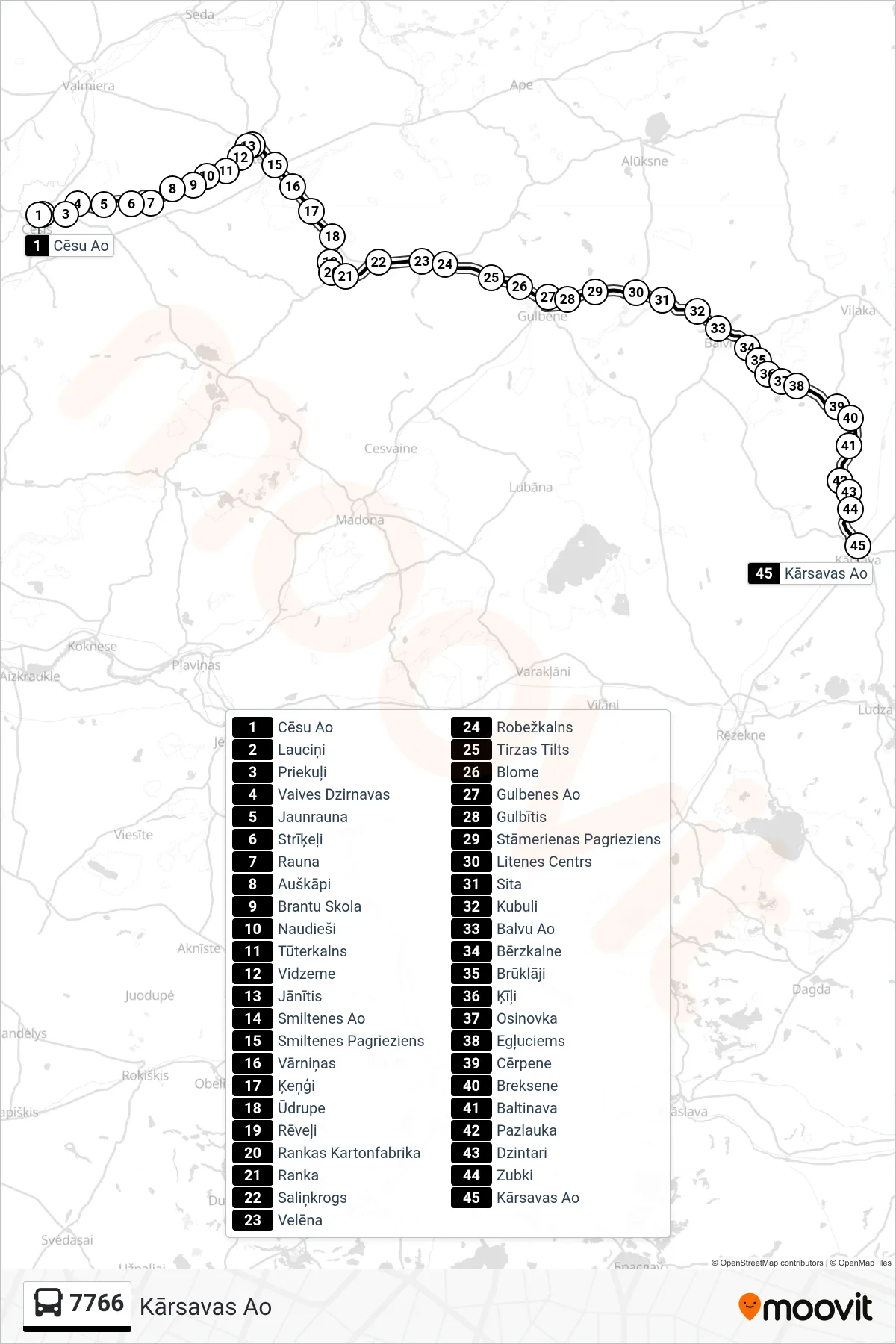 7766 bus Line (Kārsavas Ao) route and stops on a map