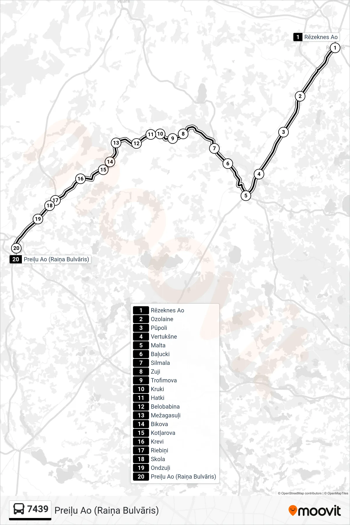 7439 bus Line (Preiļu Ao (Raiņa Bulvāris)) route and stops on a map