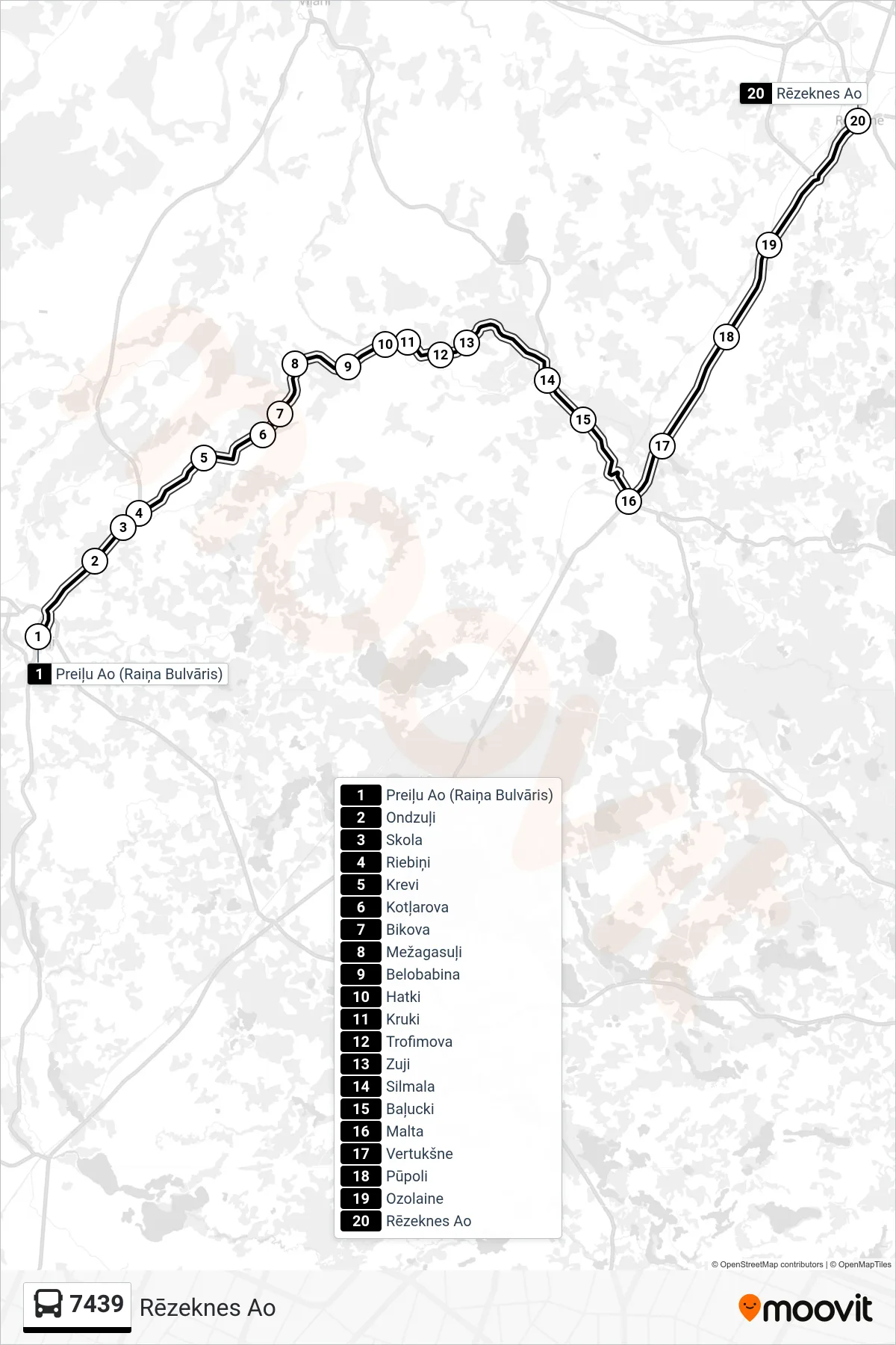 7439 bus Line (Rēzeknes Ao) route and stops on a map