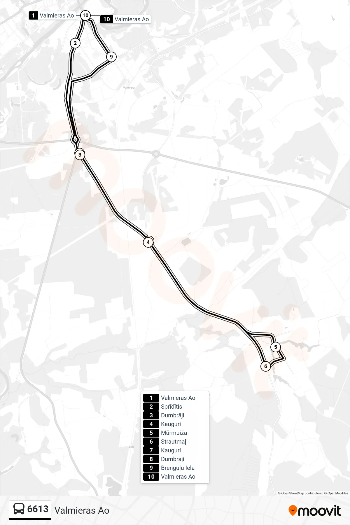 6613 bus Line (Valmieras Ao) route and stops on a map