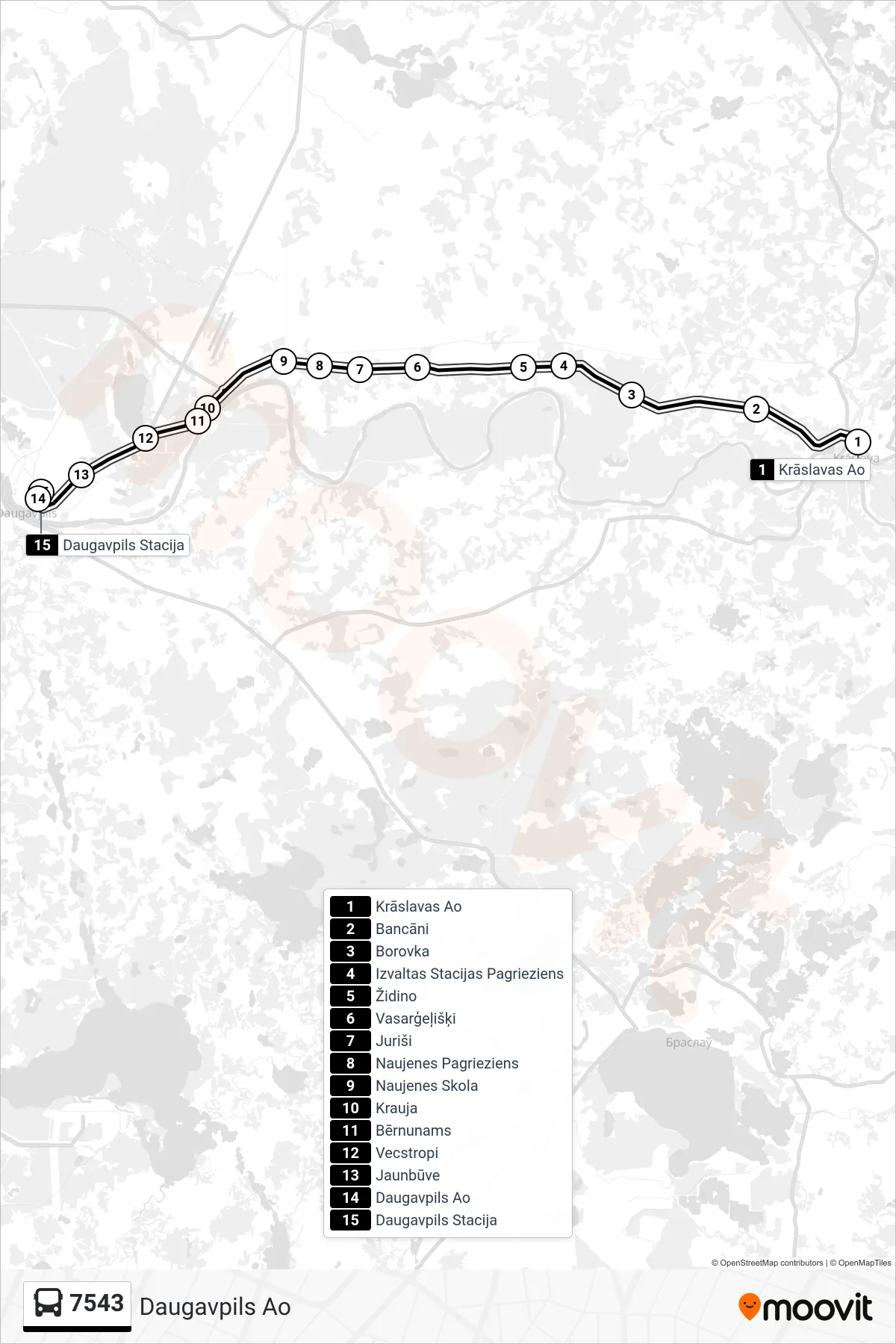 7543 bus Line (Daugavpils Ao) route and stops on a map