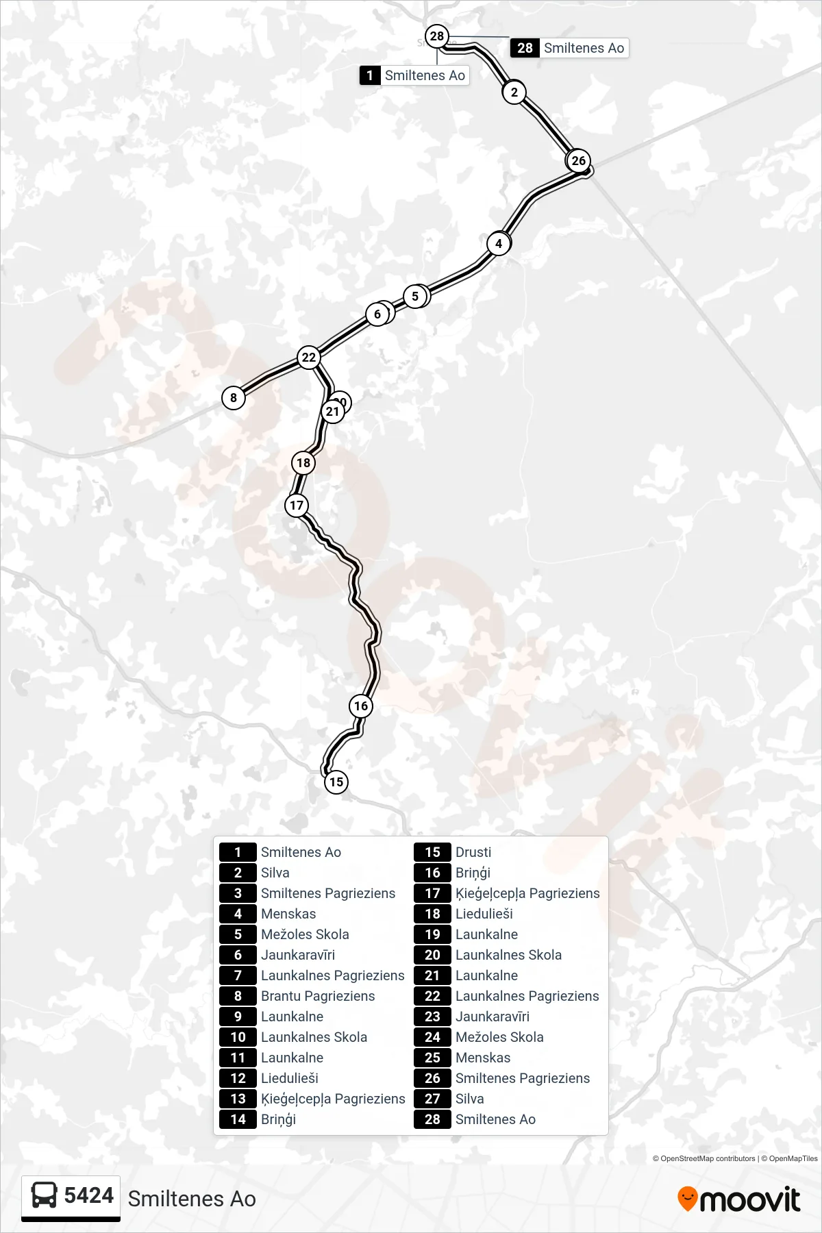 5424 bus Line (Smiltenes Ao) route and stops on a map