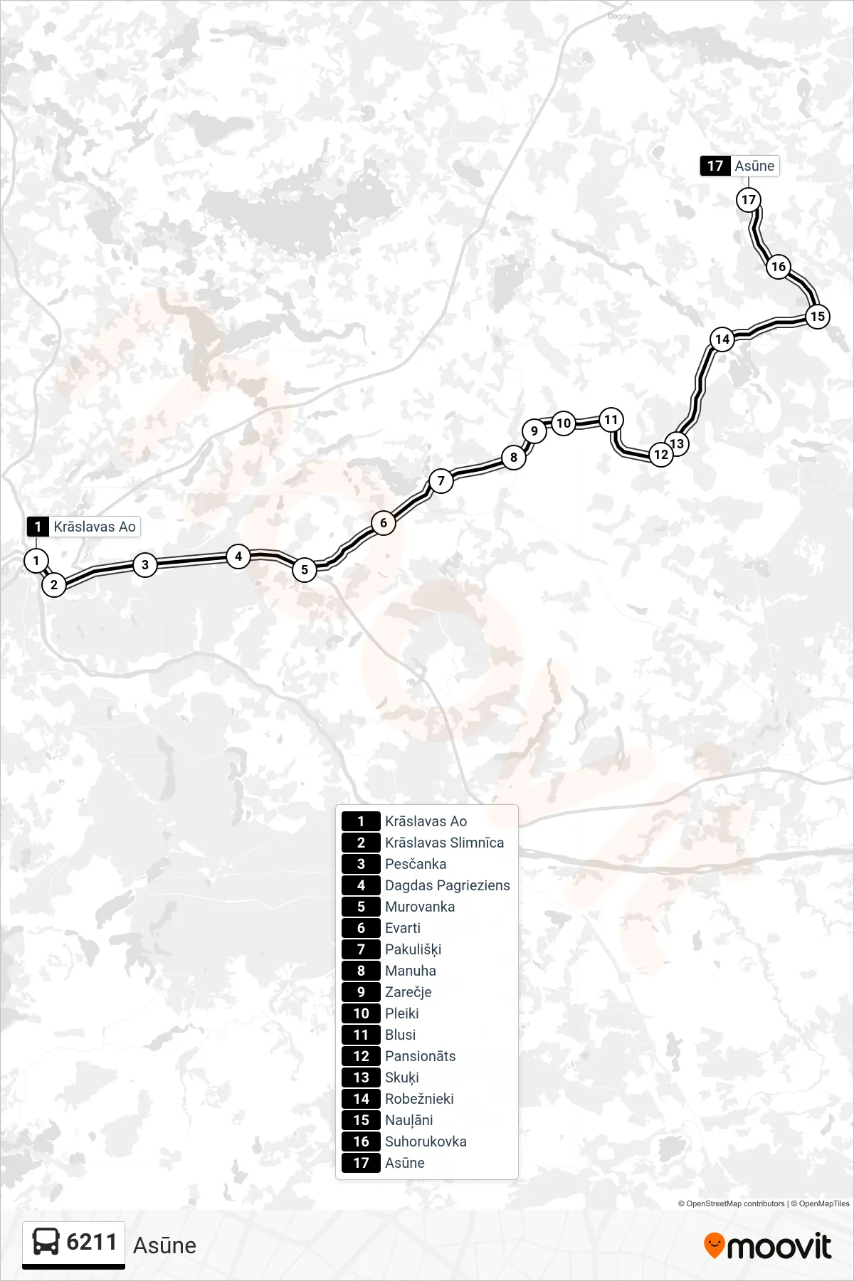 6211 bus Line (Asūne) route and stops on a map