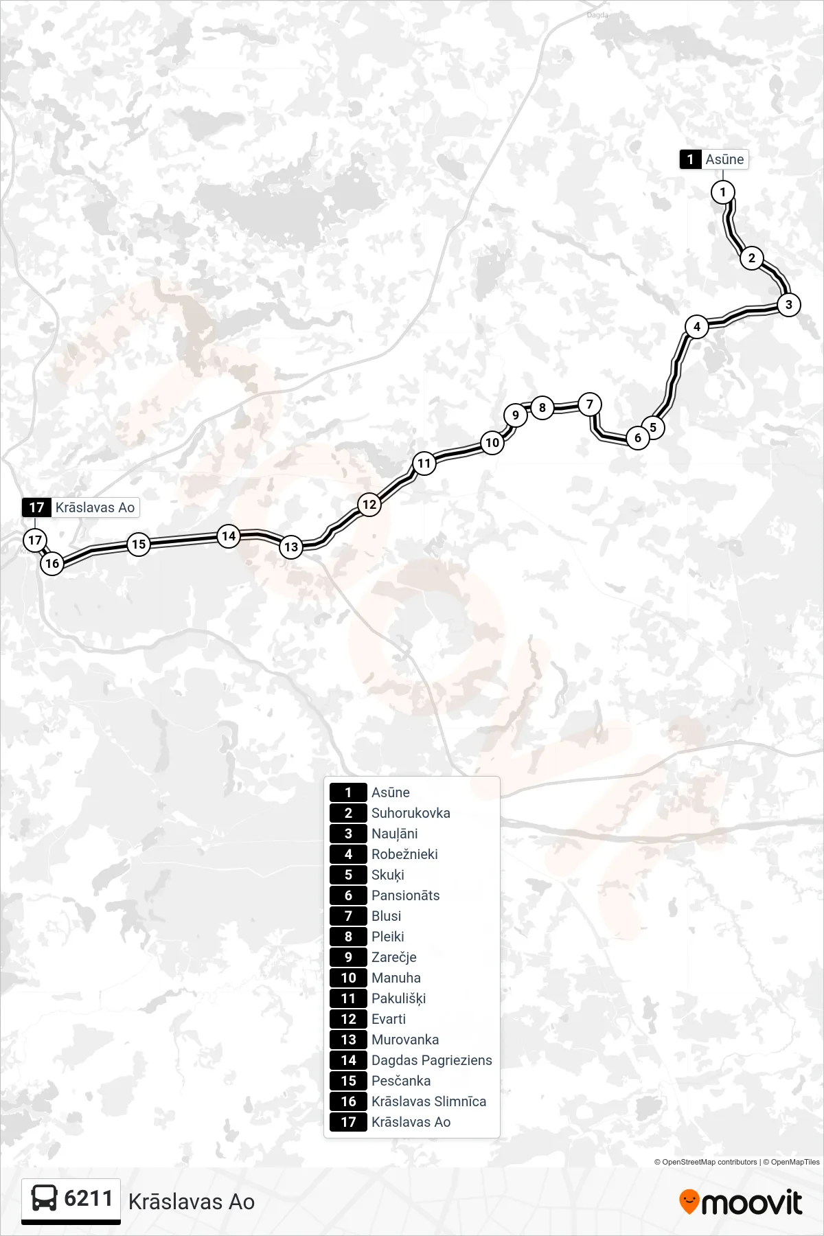 6211 bus Line (Krāslavas Ao) route and stops on a map
