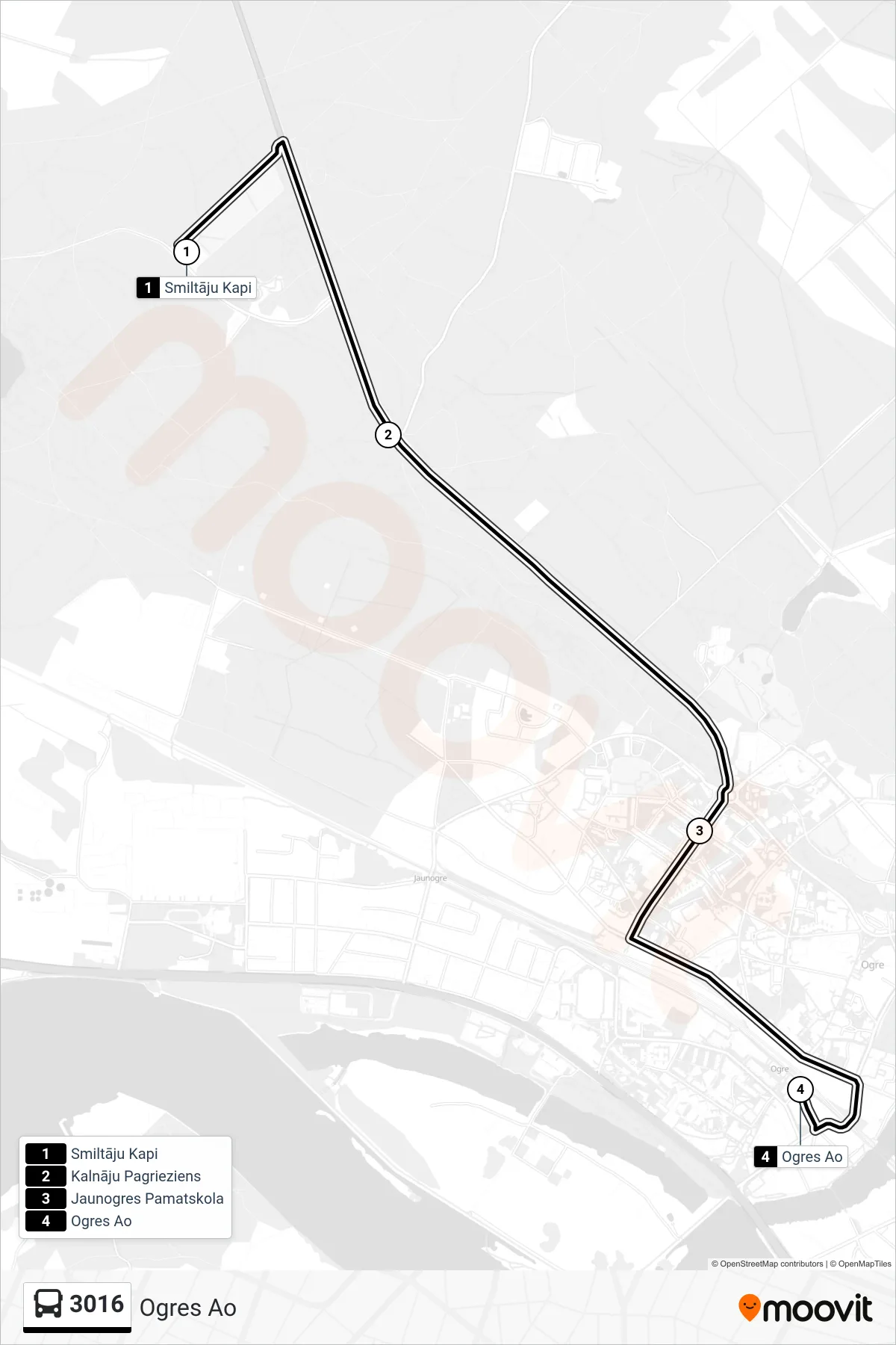 3016 bus Line (Ogres Ao) route and stops on a map