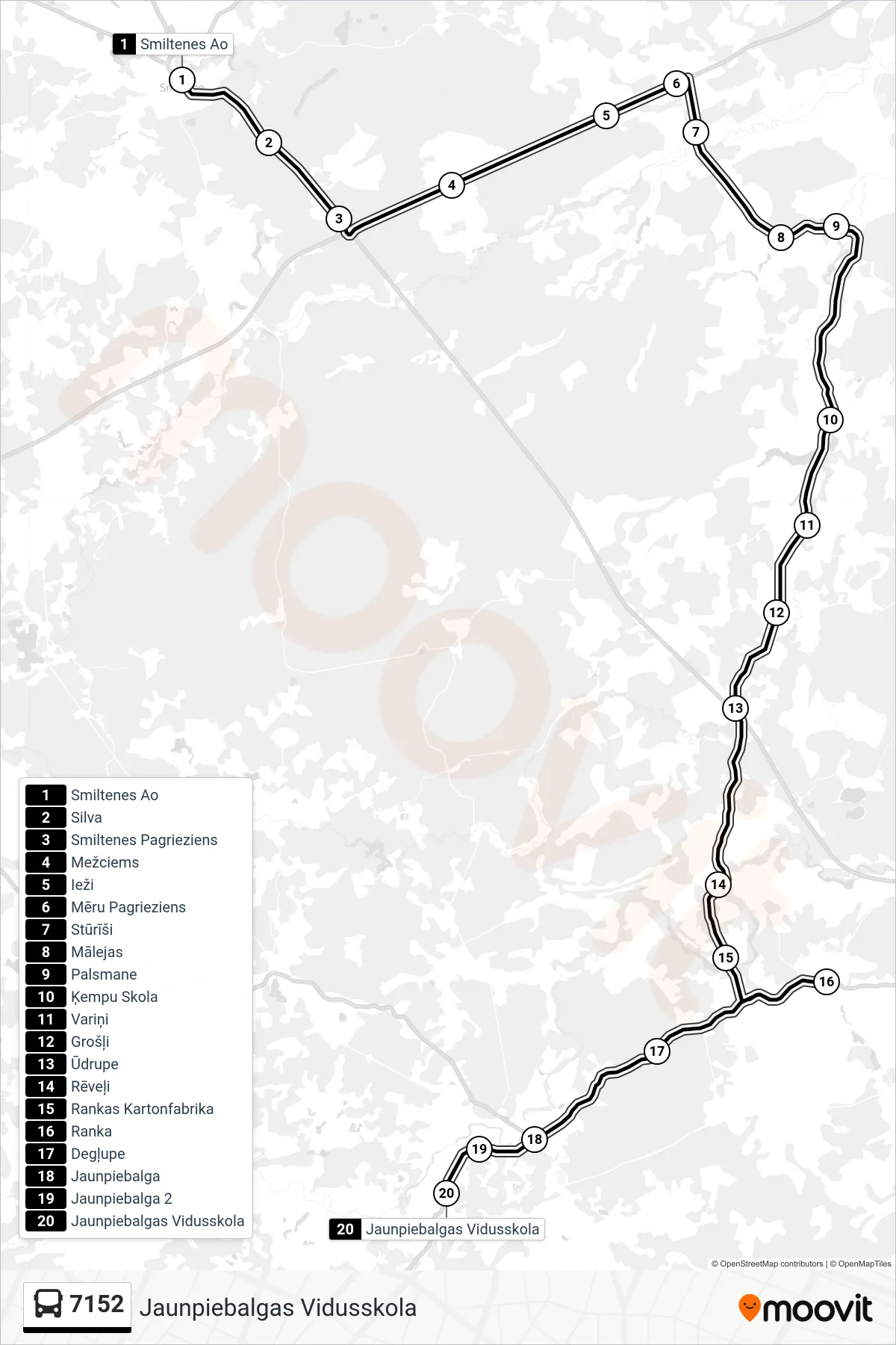 7152 bus Line (Jaunpiebalgas Vidusskola) route and stops on a map