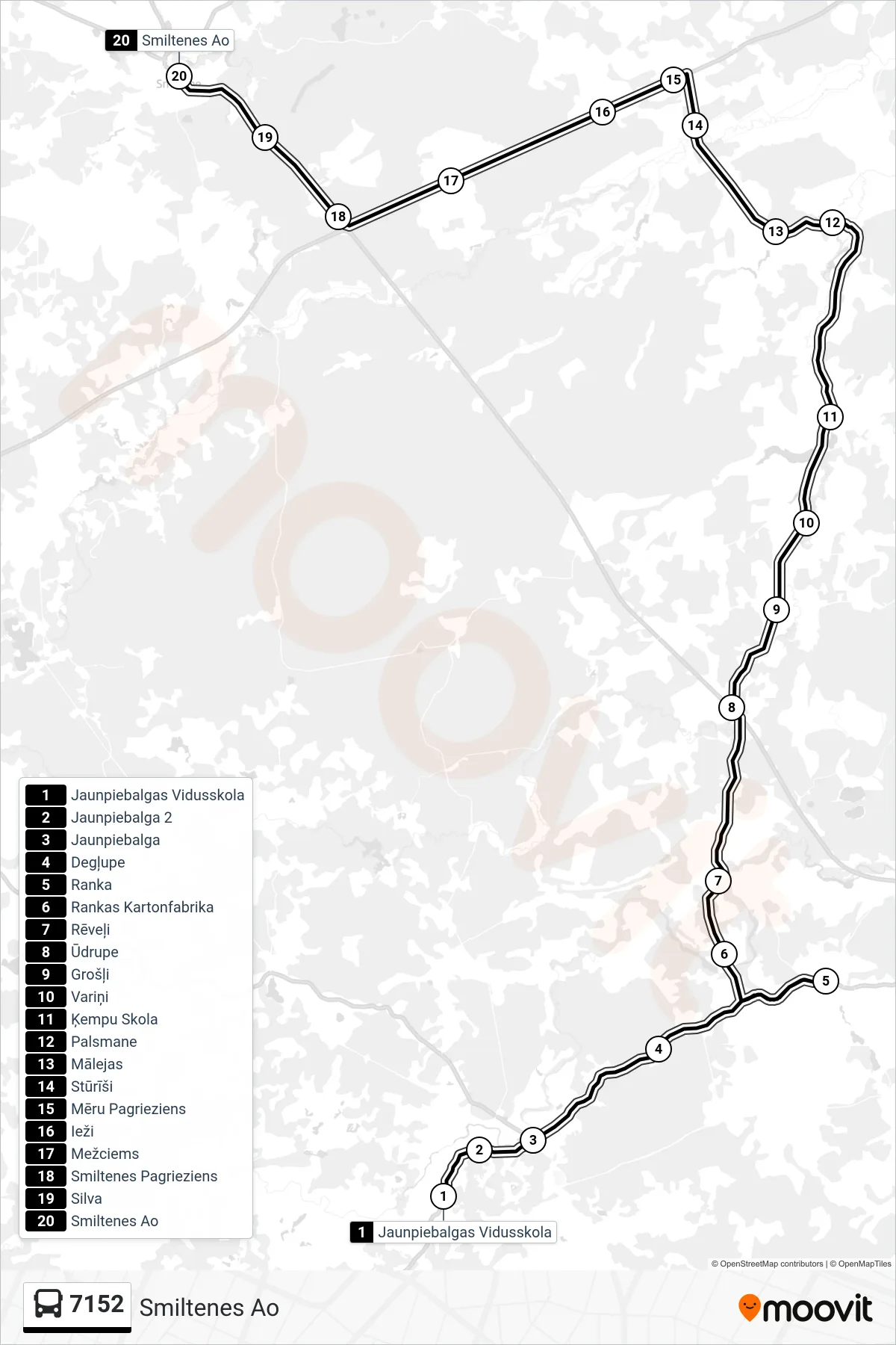7152 bus Line (Smiltenes Ao) route and stops on a map