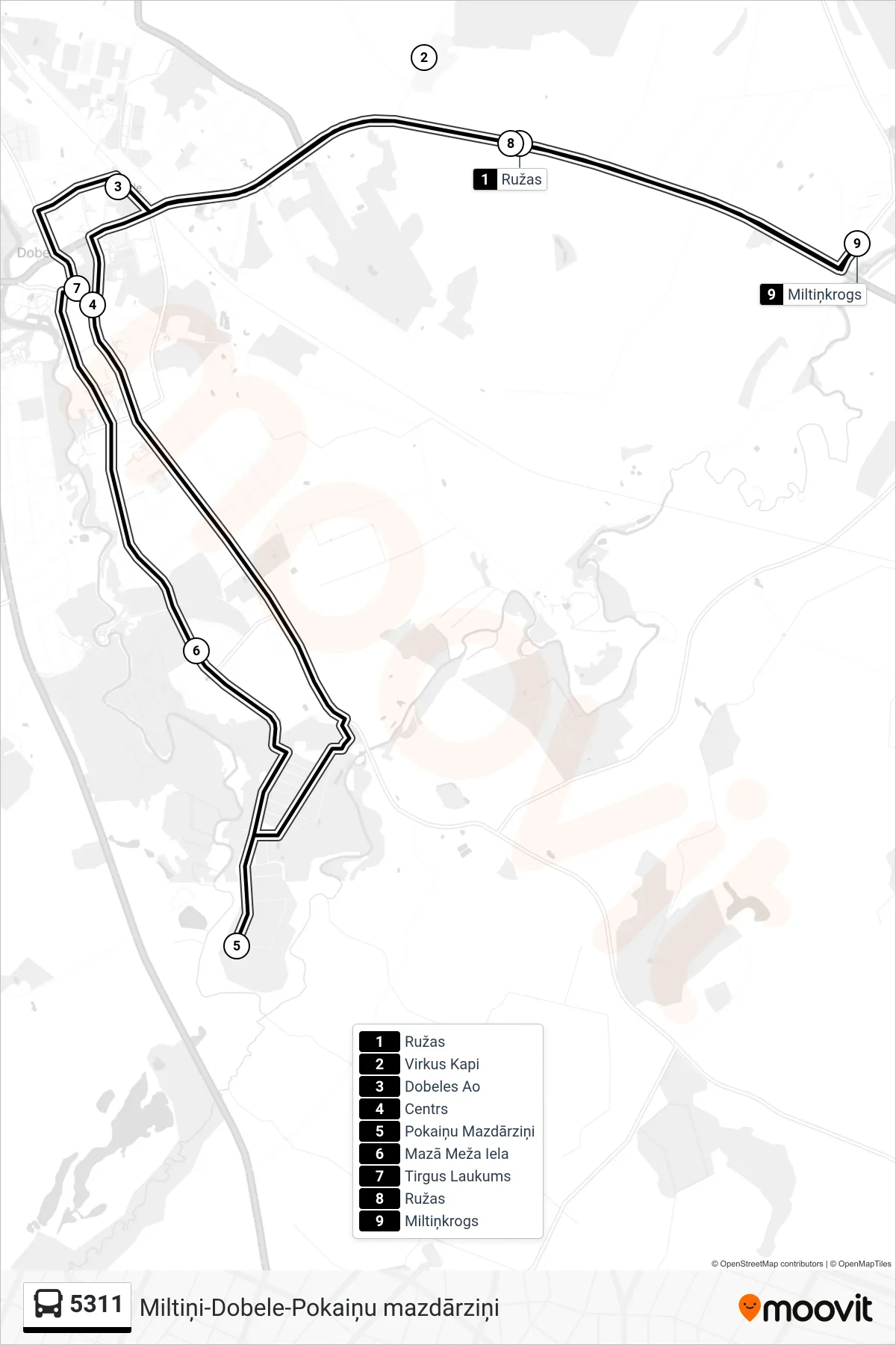 5311 bus Line (Miltiņkrogs) route and stops on a map