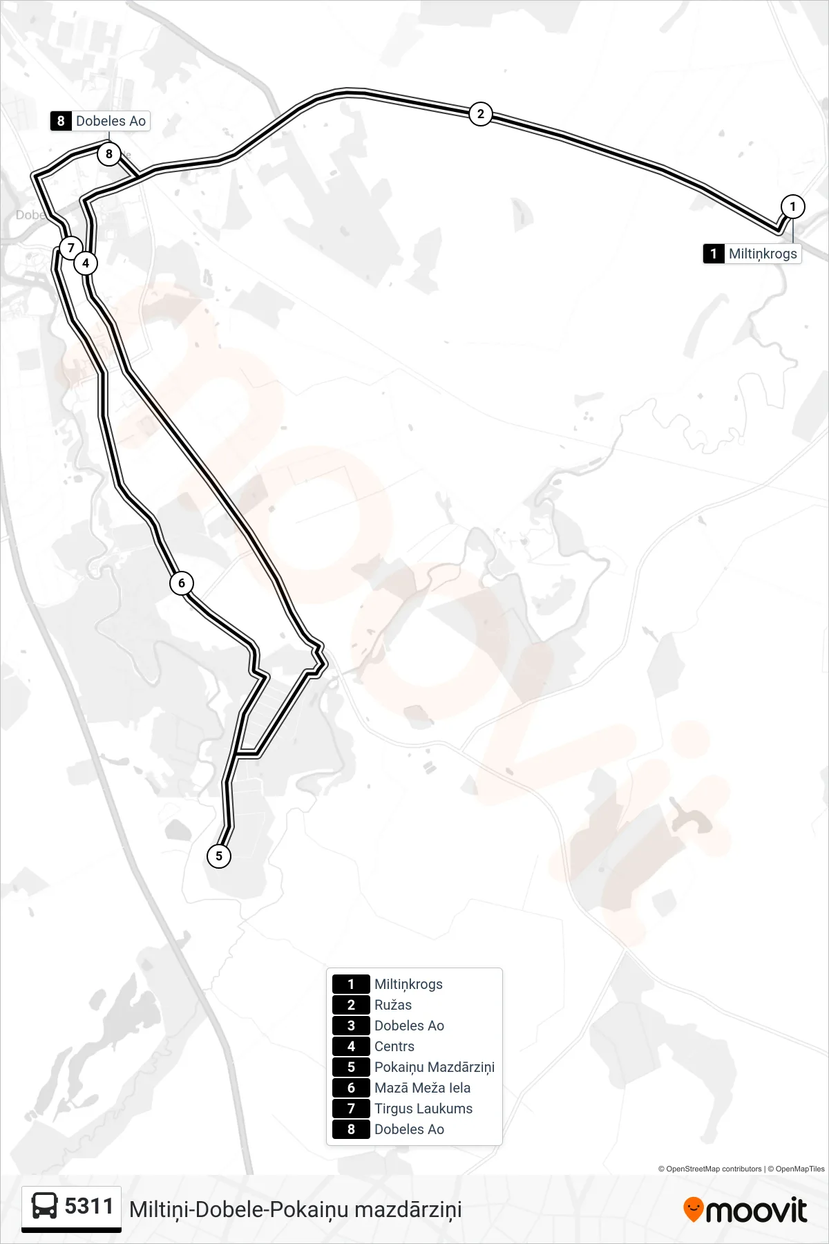 5311 bus Line (Dobeles Ao) route and stops on a map