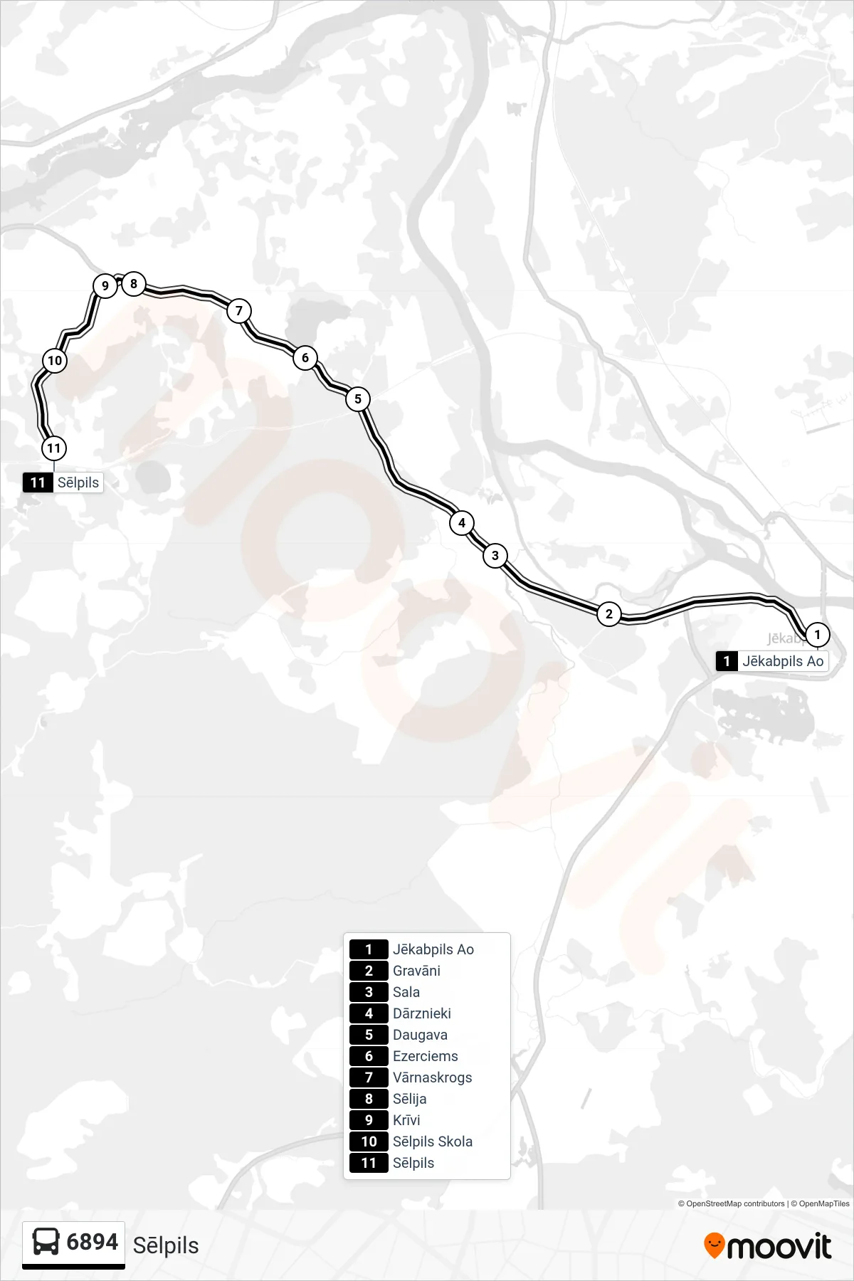 6894 bus Line (Sēlpils) route and stops on a map