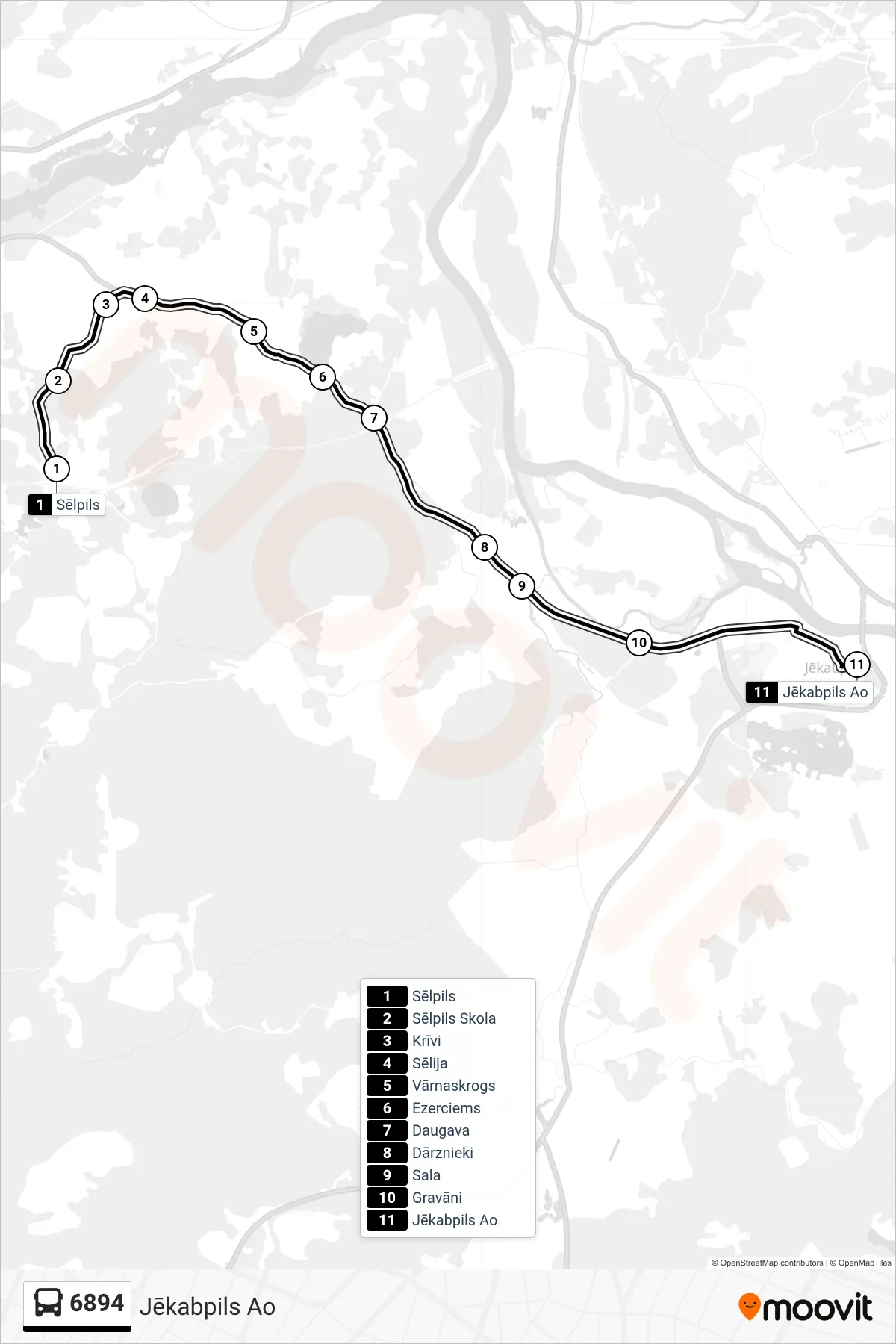 6894 bus Line (Jēkabpils Ao) route and stops on a map