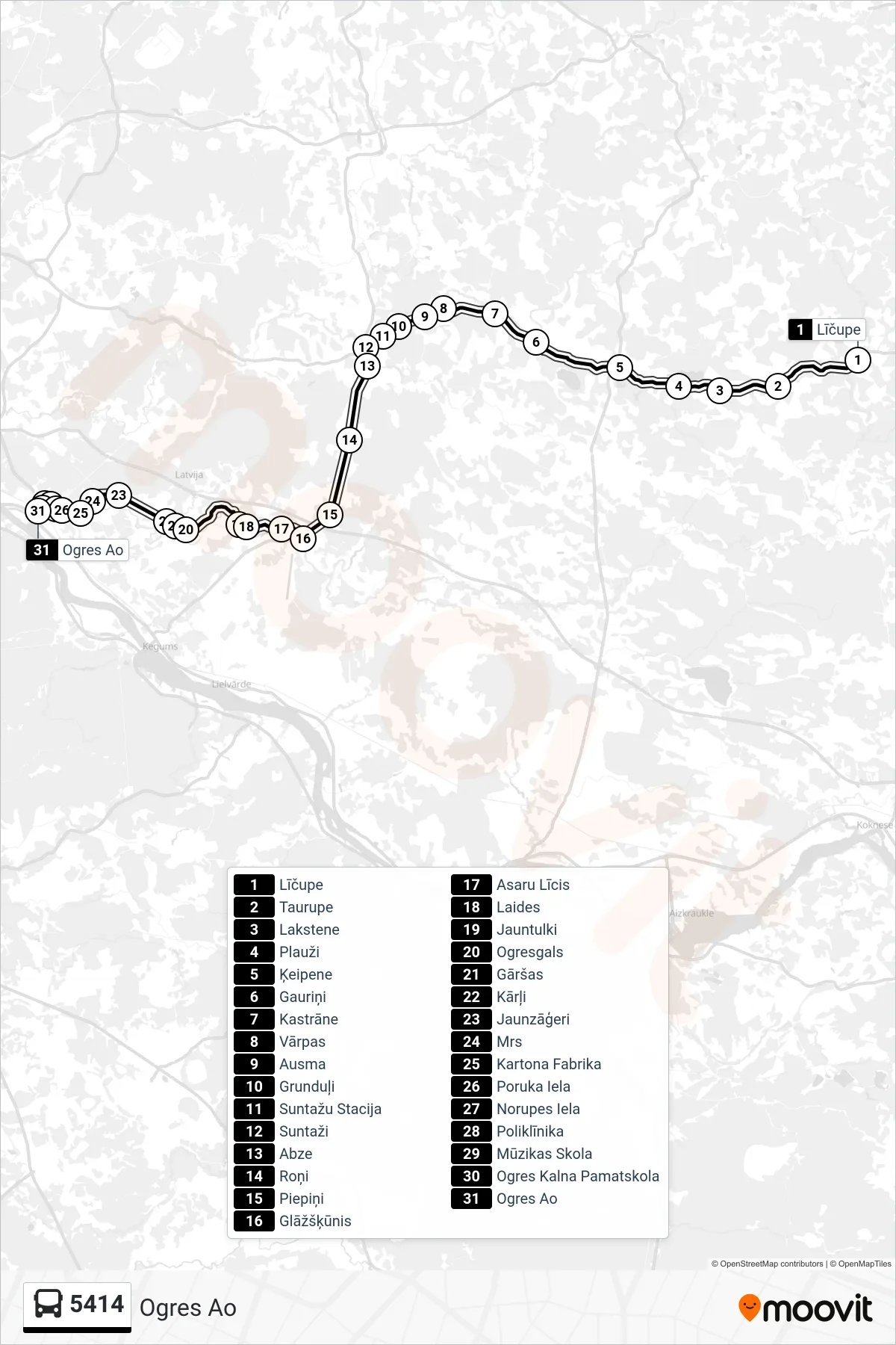 5414 bus Line (Ogres Ao) route and stops on a map