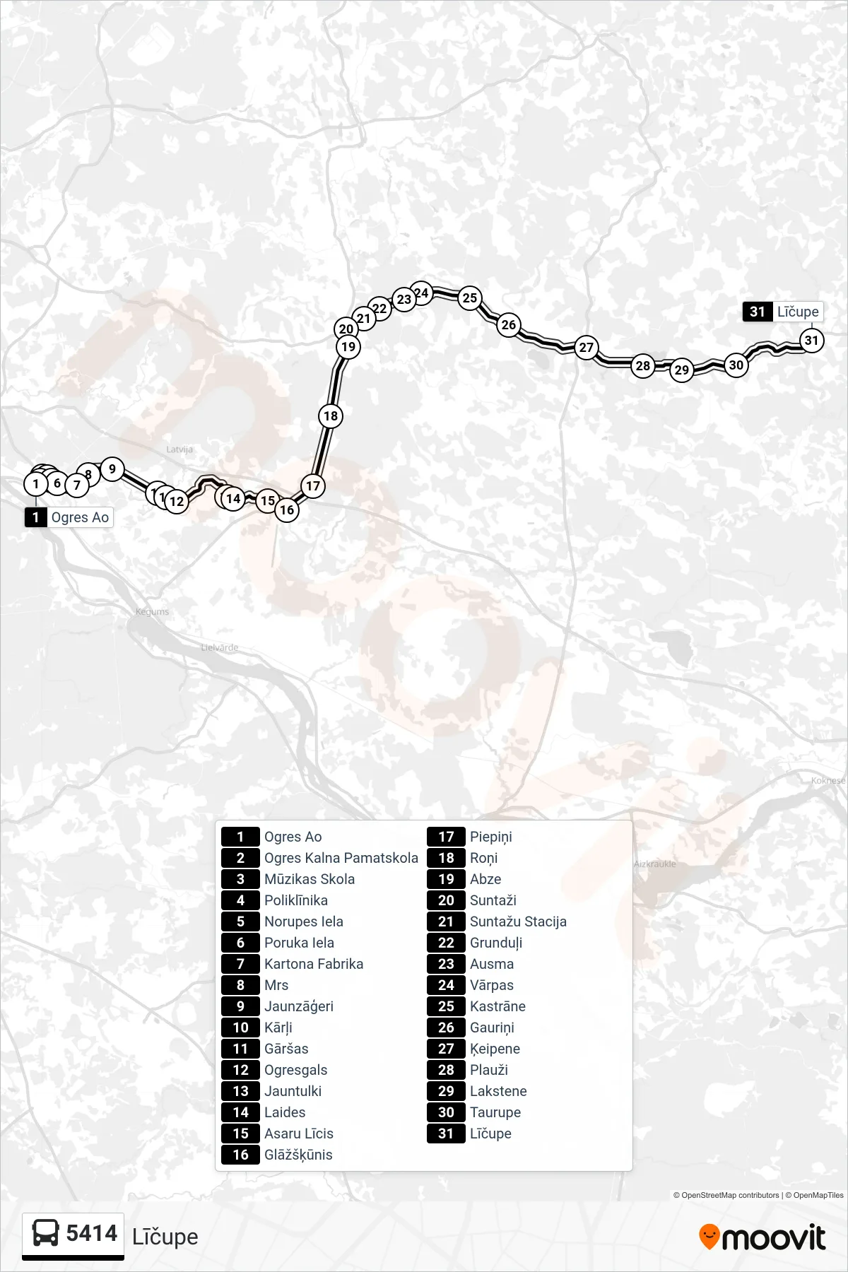 5414 bus Line (Līčupe) route and stops on a map
