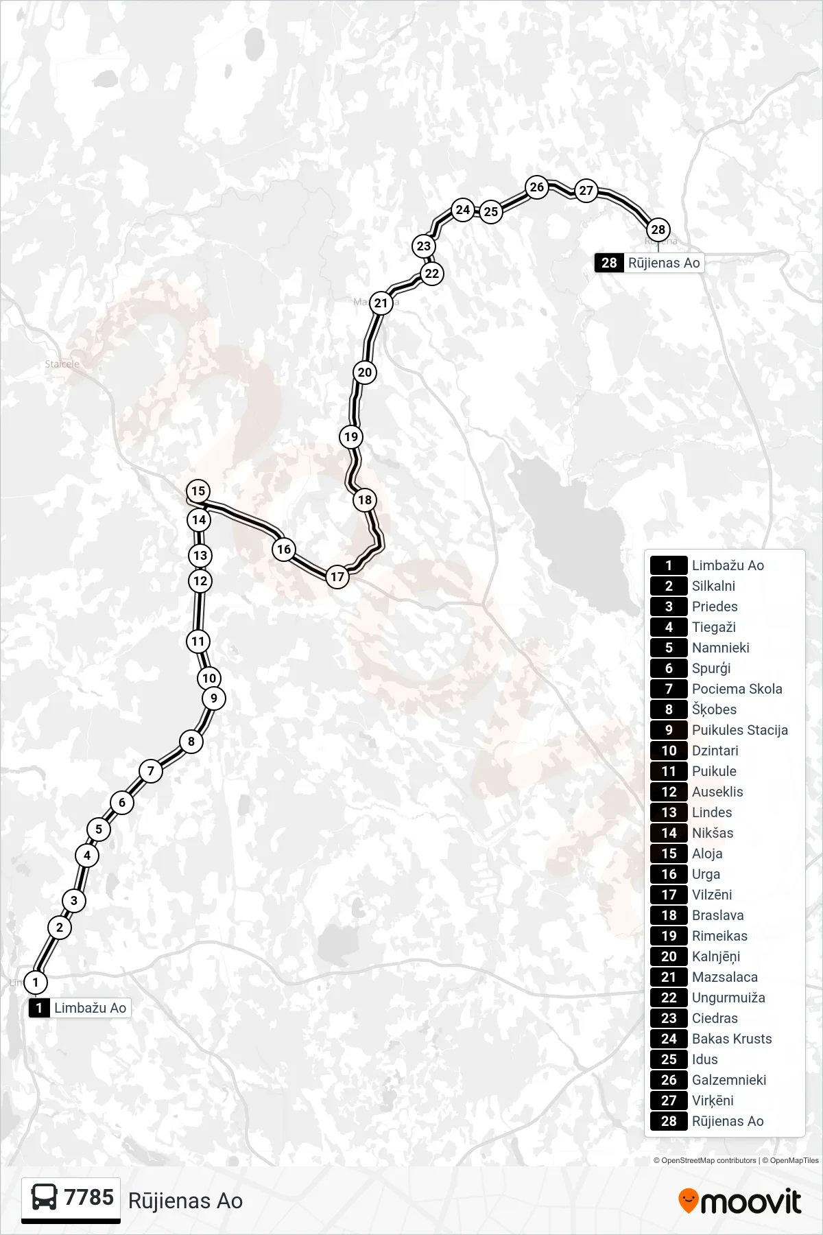 7785 bus Line (Rūjienas Ao) route and stops on a map