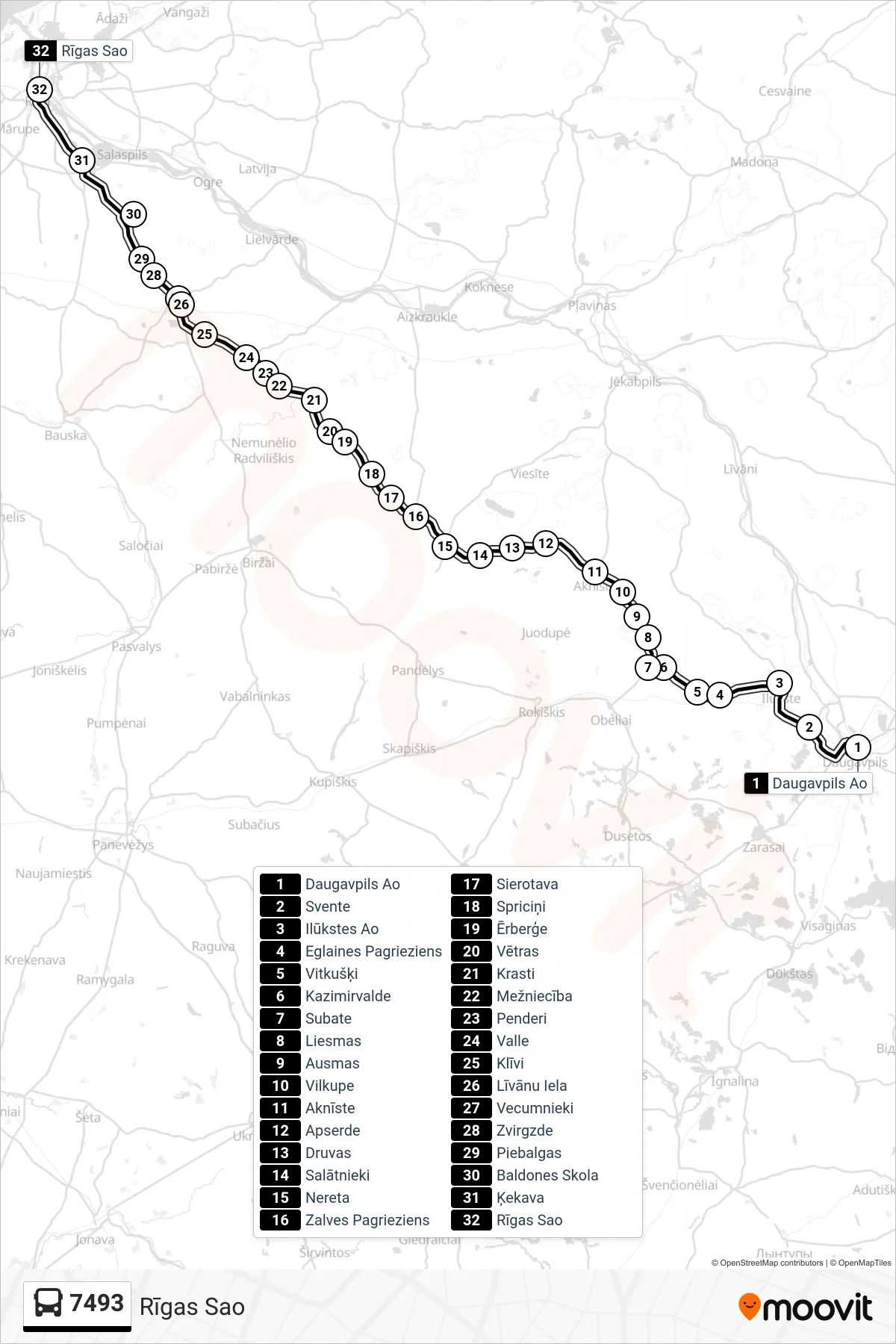 7493 bus Line (Rīgas Sao) route and stops on a map