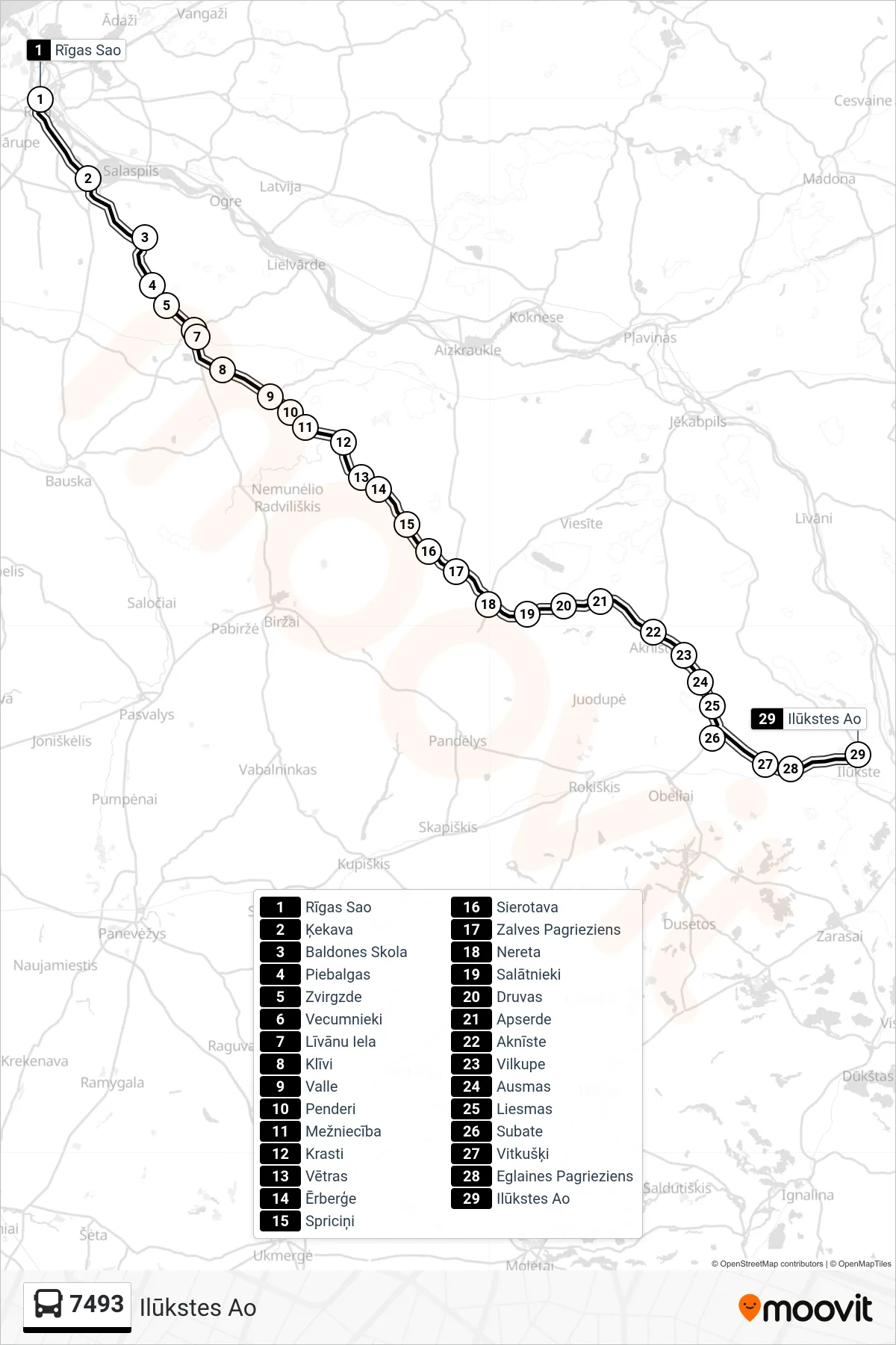 7493 bus Line (Ilūkstes Ao) route and stops on a map