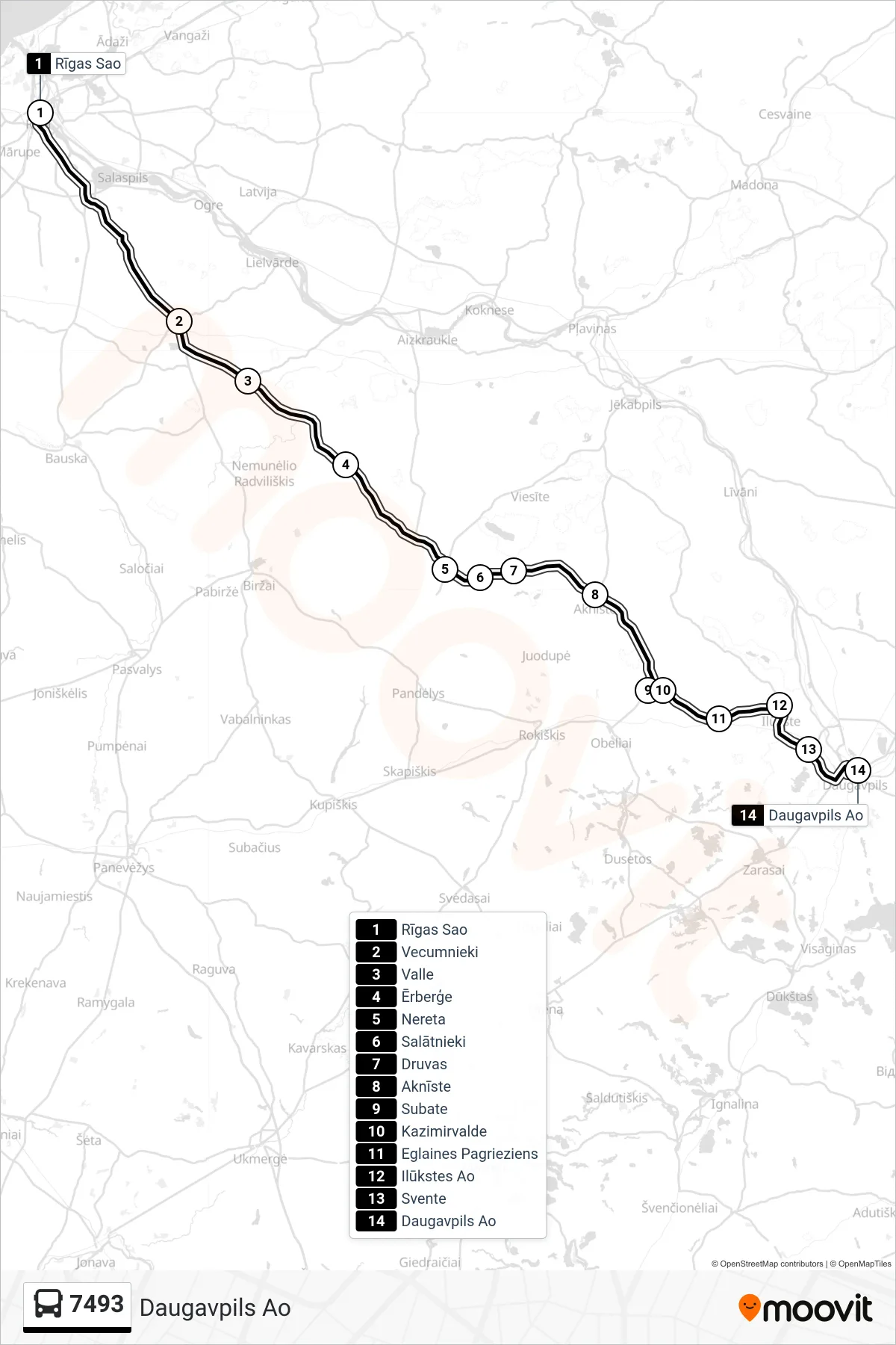 7493 bus Line (Daugavpils Ao) route and stops on a map