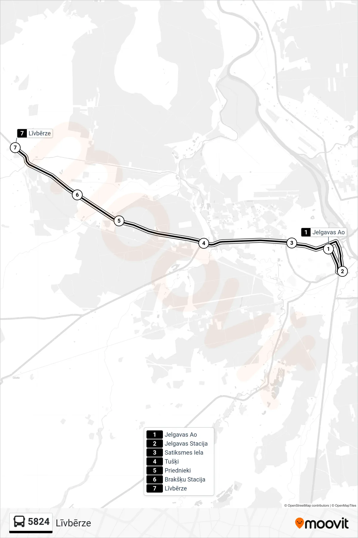 5824 bus Line (Līvbērze) route and stops on a map