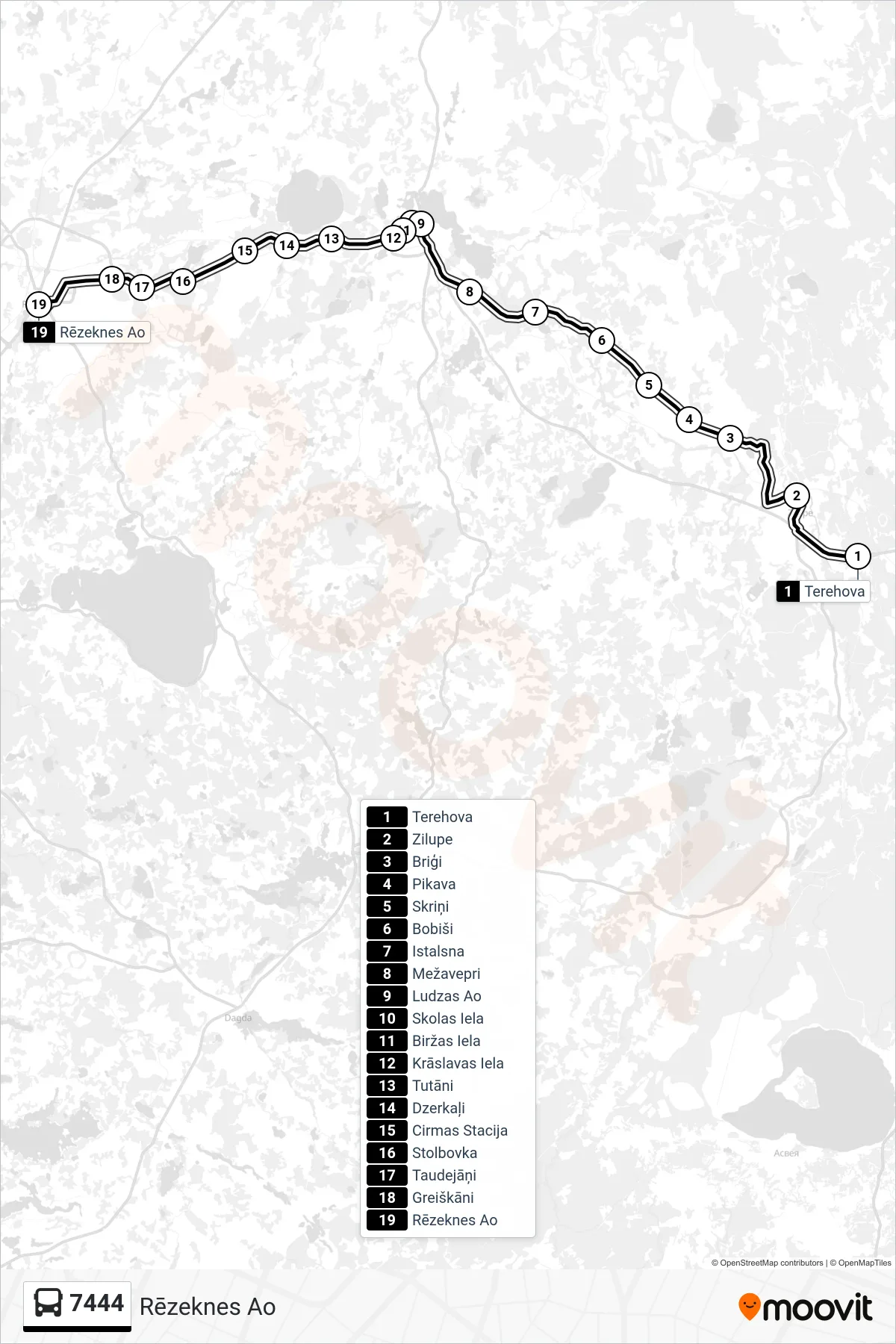 7444 bus Line (Rēzeknes Ao) route and stops on a map