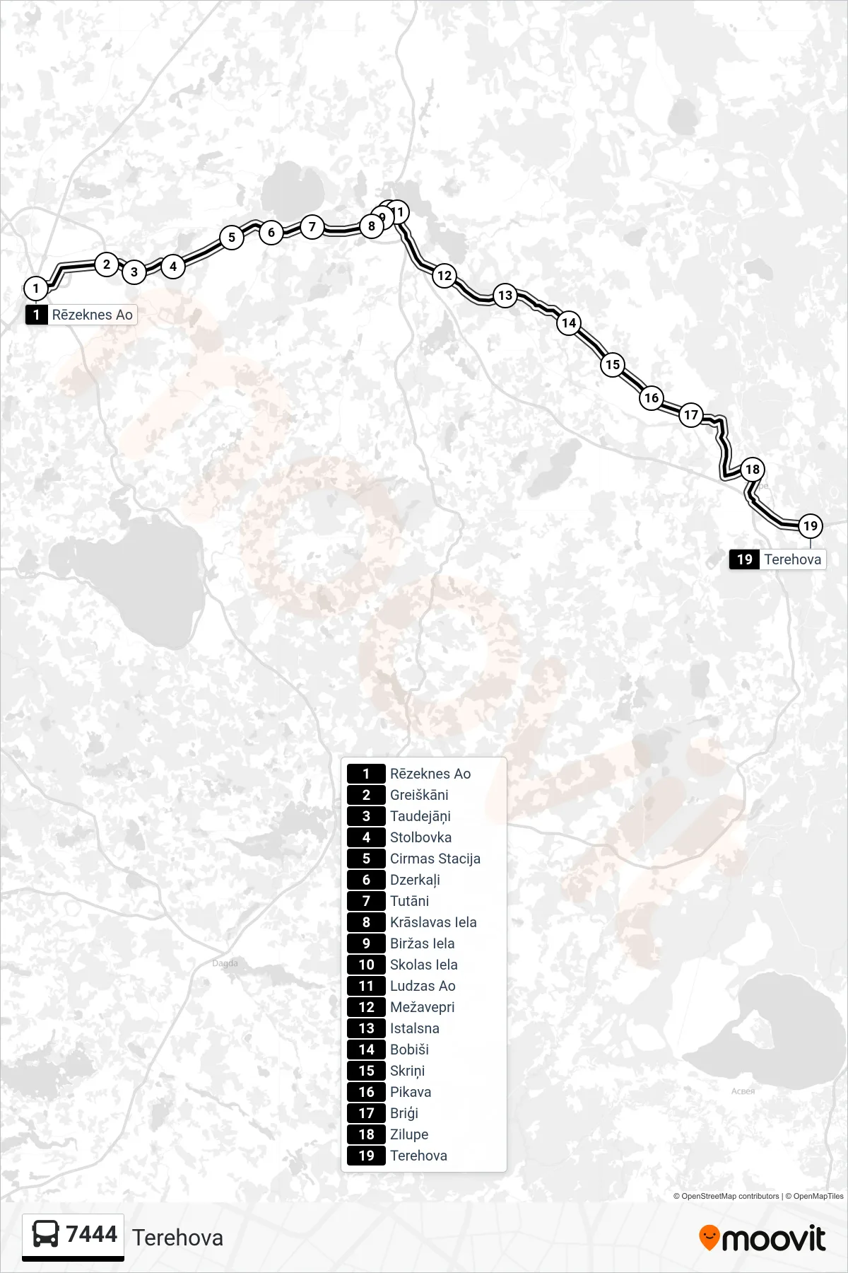 7444 bus Line (Terehova) route and stops on a map