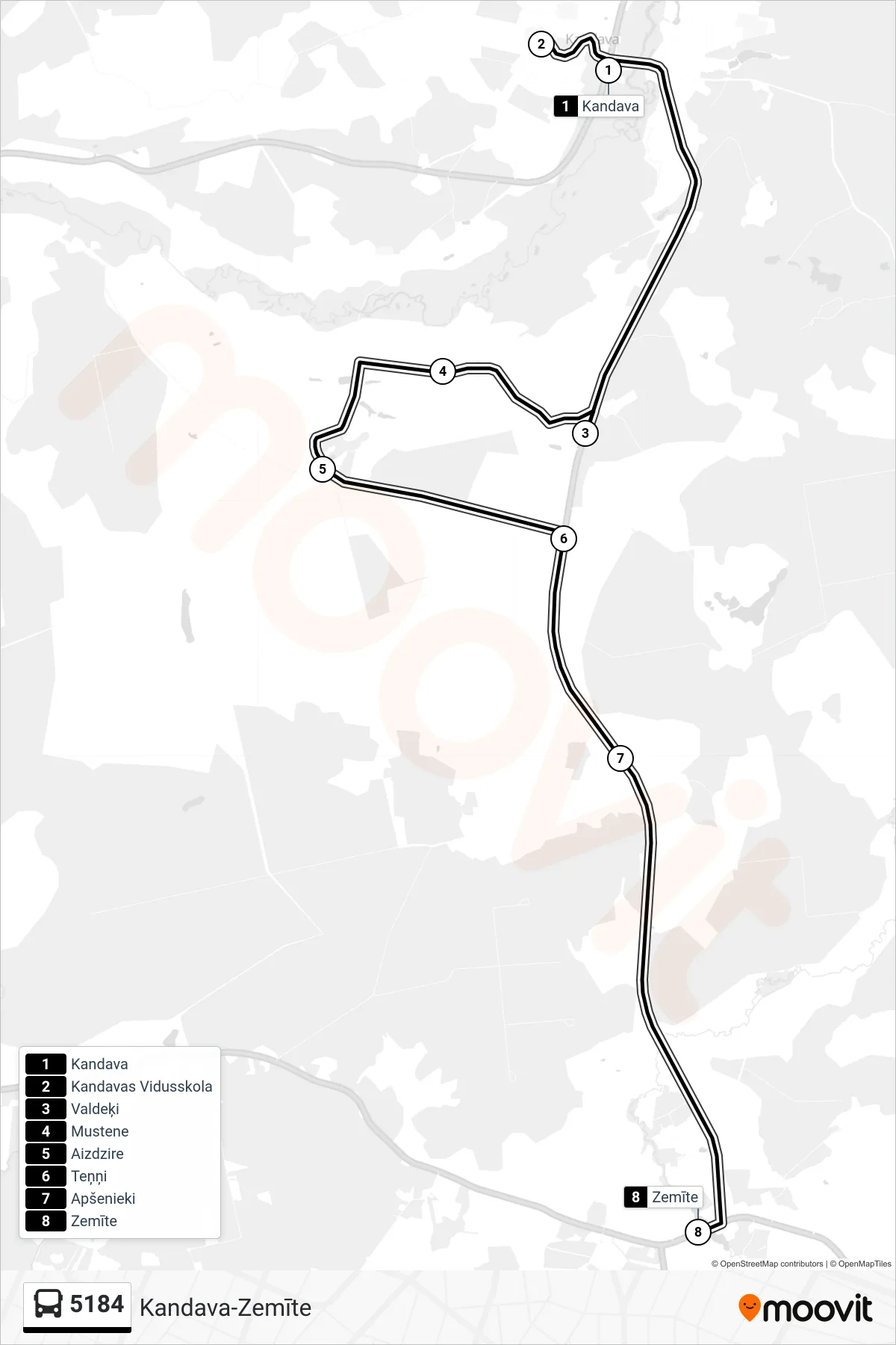 5184 bus Line (Zemīte) route and stops on a map