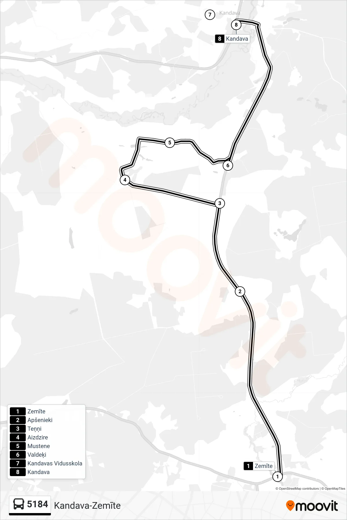 5184 bus Line (Kandava) route and stops on a map